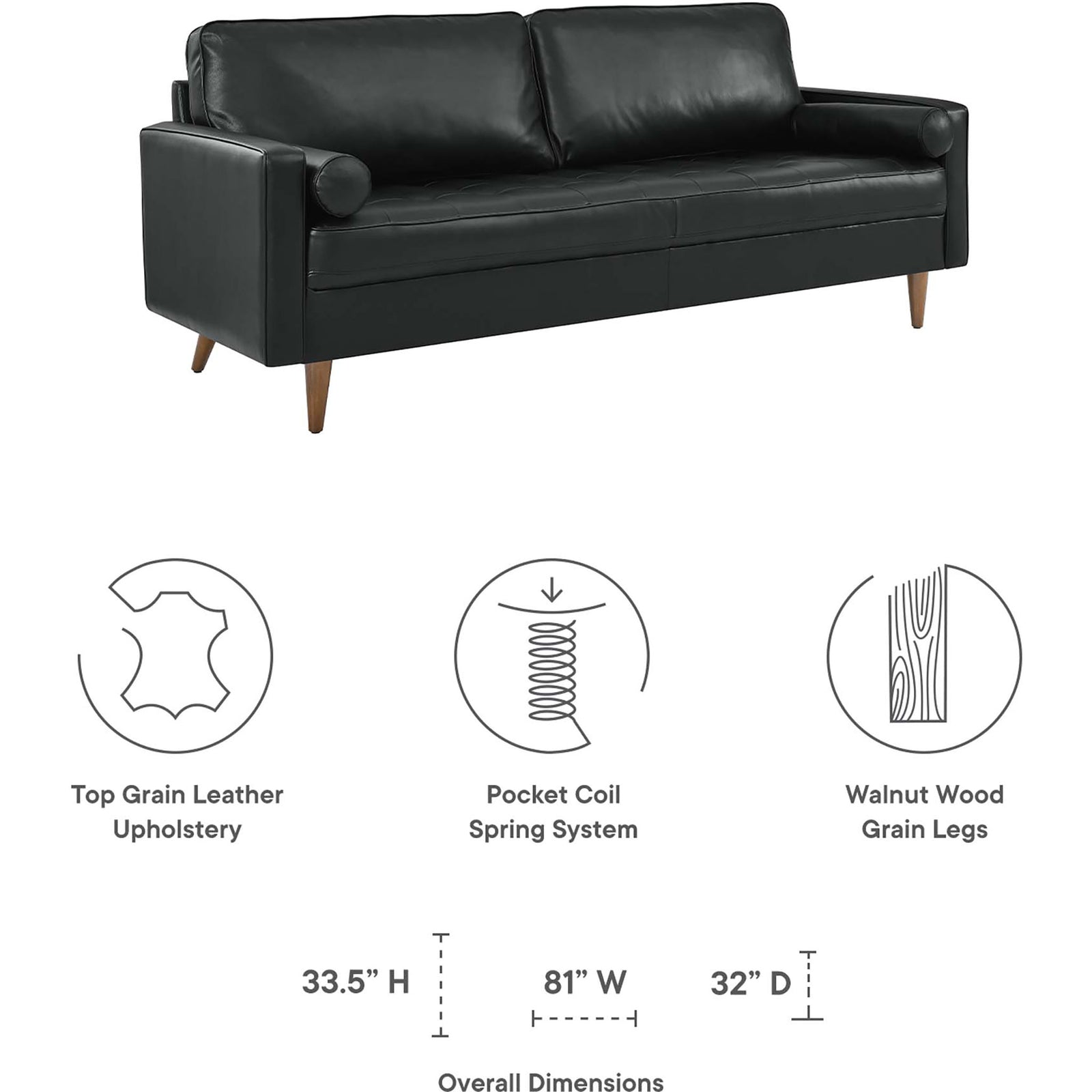Valour 81 inch black leather sofa with top leather upholstery, pocket coil springs, walnut legs, and clear dimensions. || EEI-4634-BLK || dimension_studio