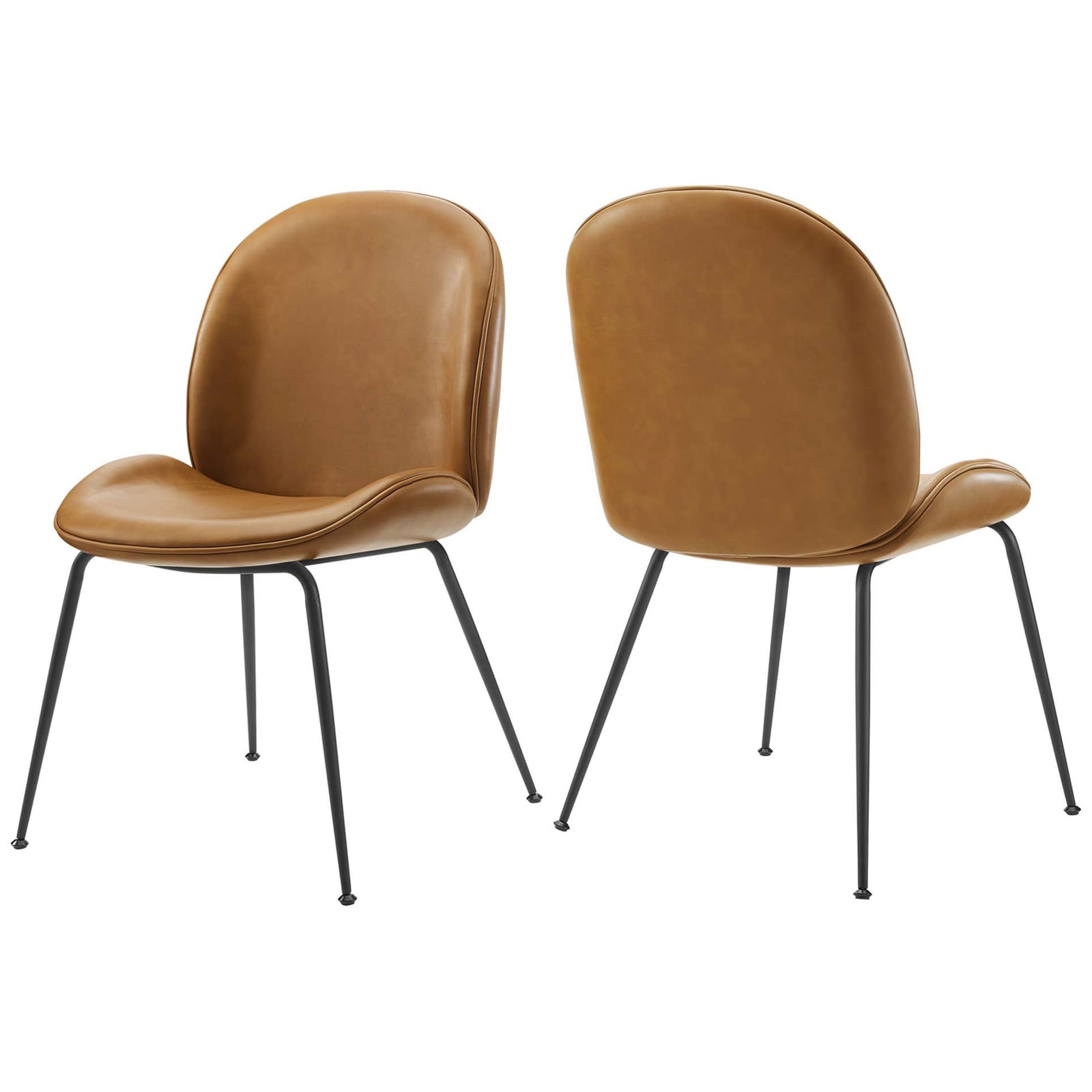 Pair of tan vegan leather Scoop dining chairs with rounded backs and black steel legs || EEI-4636-TAN || front_angle_multi_studio