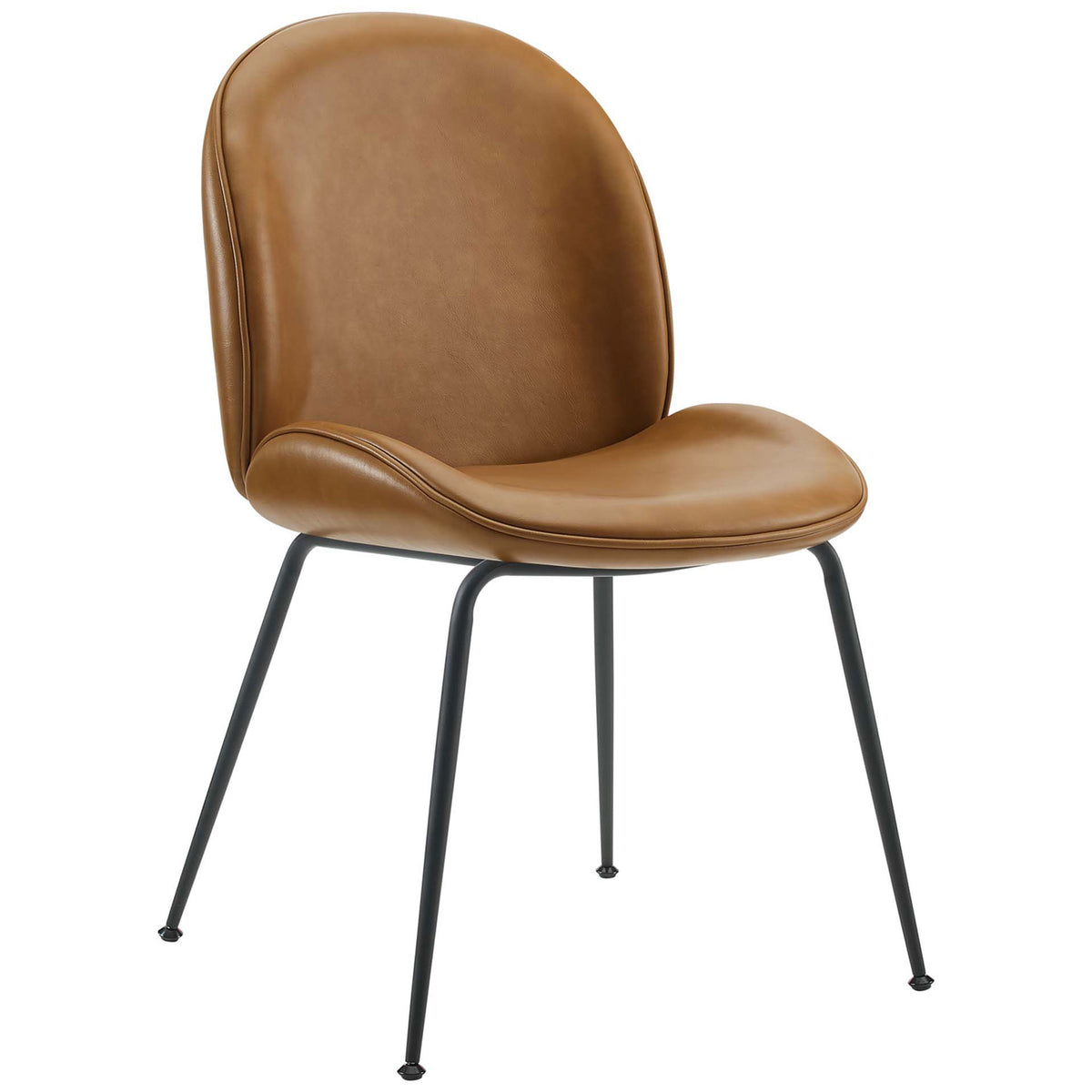 Tan vegan leather Scoop dining chair with curved seat shell and slim black steel legs || EEI-4636-TAN || front_angle_studio