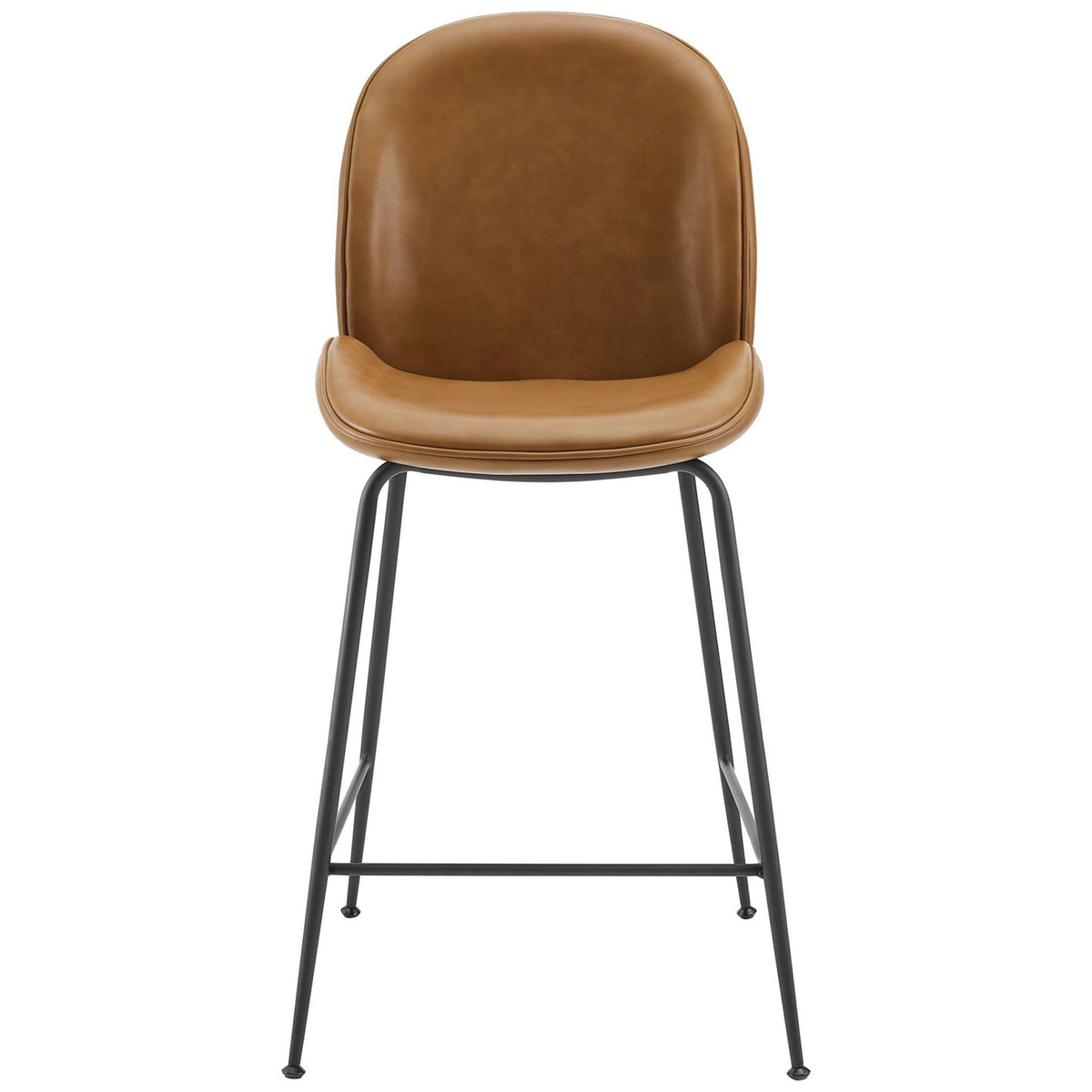 Tan vegan leather counter stool with curved back, plush seat, and black powder-coated steel legs with footrest || EEI-4638-TAN || front_studio