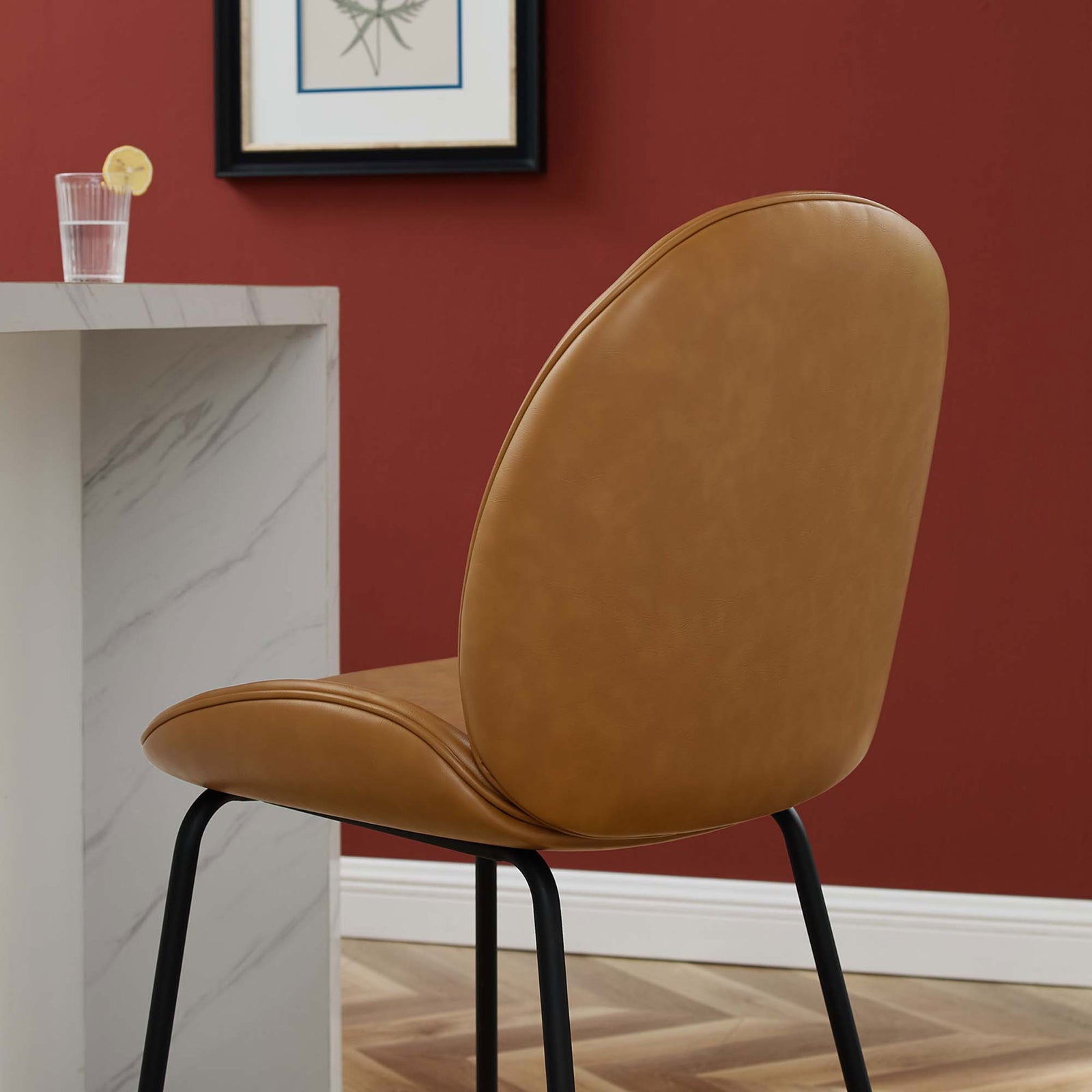 Tan vegan leather upholstery showcases smooth curves and refined piping || EEI-4638-TAN || detail_room