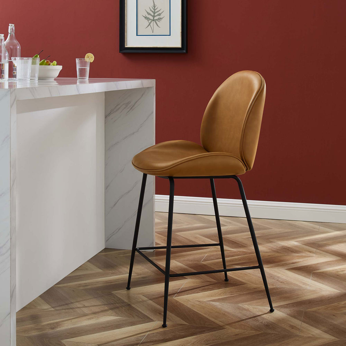 Elevate your counter with a tan vegan leather stool featuring gentle curves and a sturdy footrest || EEI-4638-TAN || front_angle_room