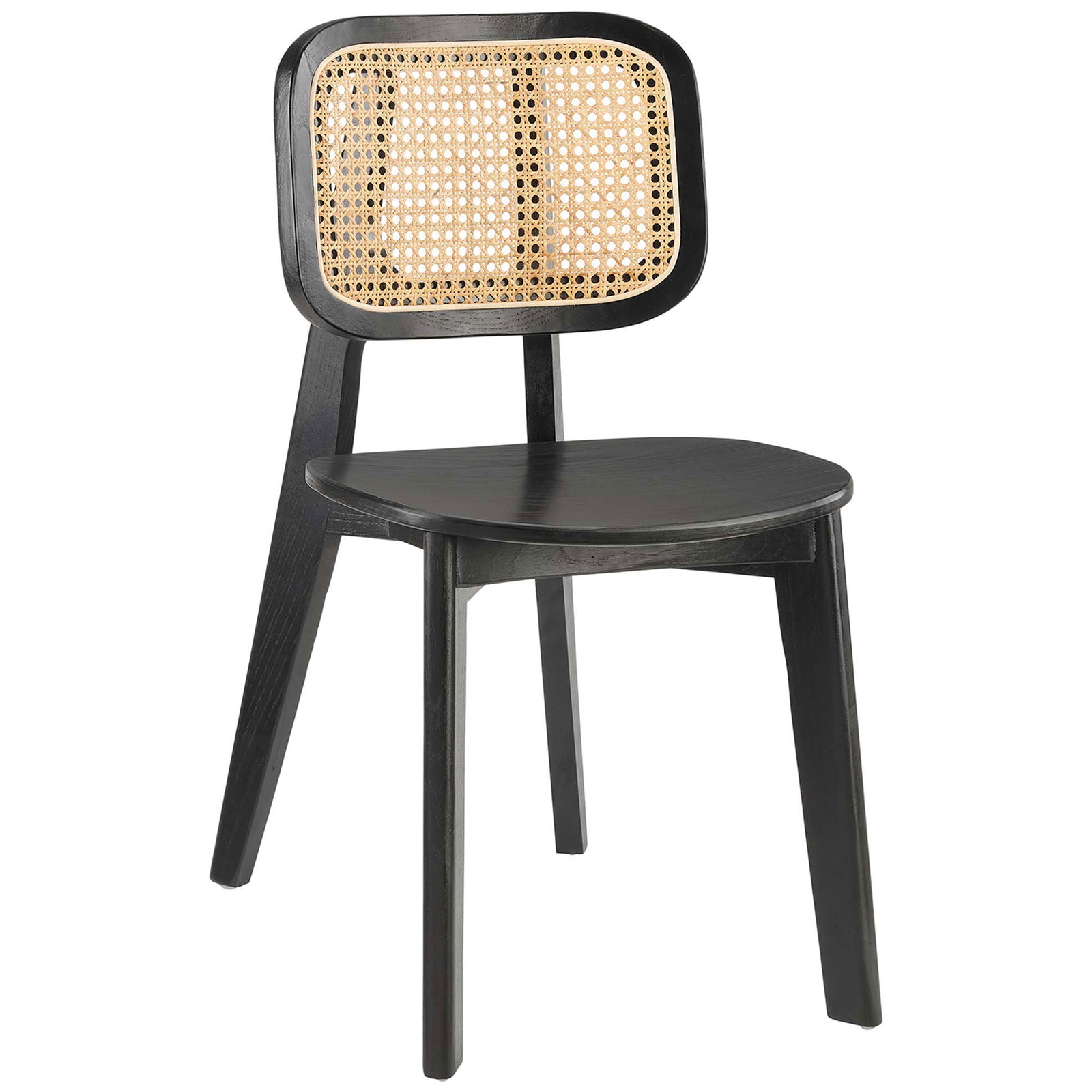 Black elm wood dining chair with rounded bentwood seat and natural rattan cane backrest || EEI-4645-BLK || front_angle_studio
