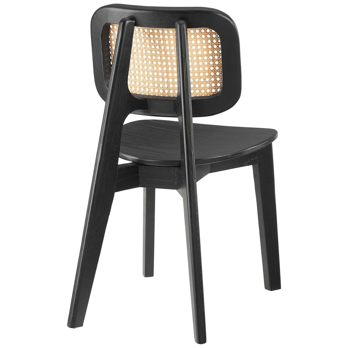 Airy rattan cane backrest is framed by sleek black elm wood legs for a balanced, modern look || EEI-4645-BLK || back_angle_studio