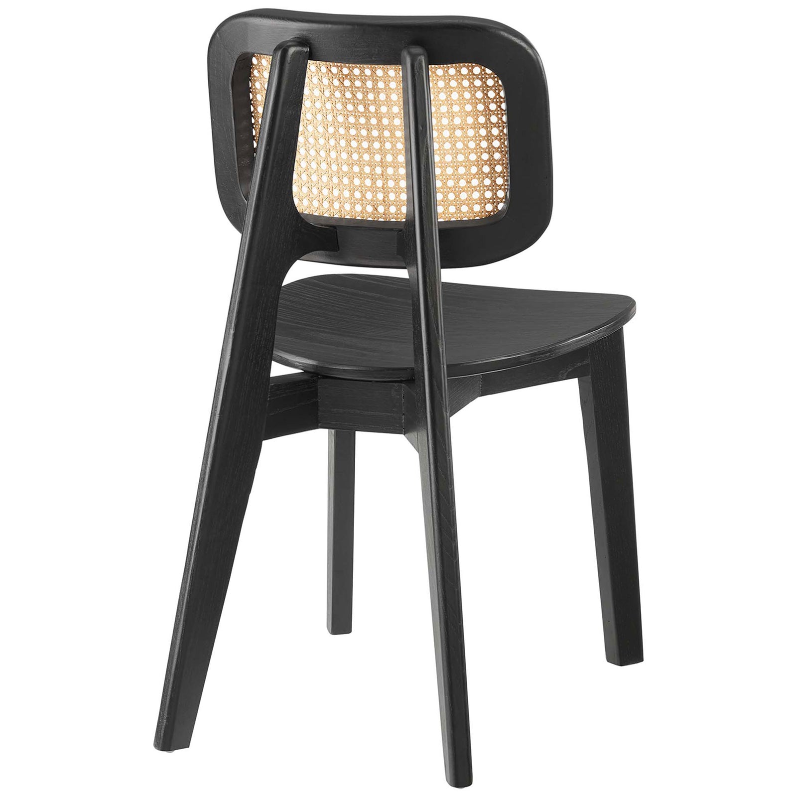 Airy rattan cane backrest is framed by sleek black elm wood legs for a balanced, modern look || EEI-4645-BLK || back_angle_studio