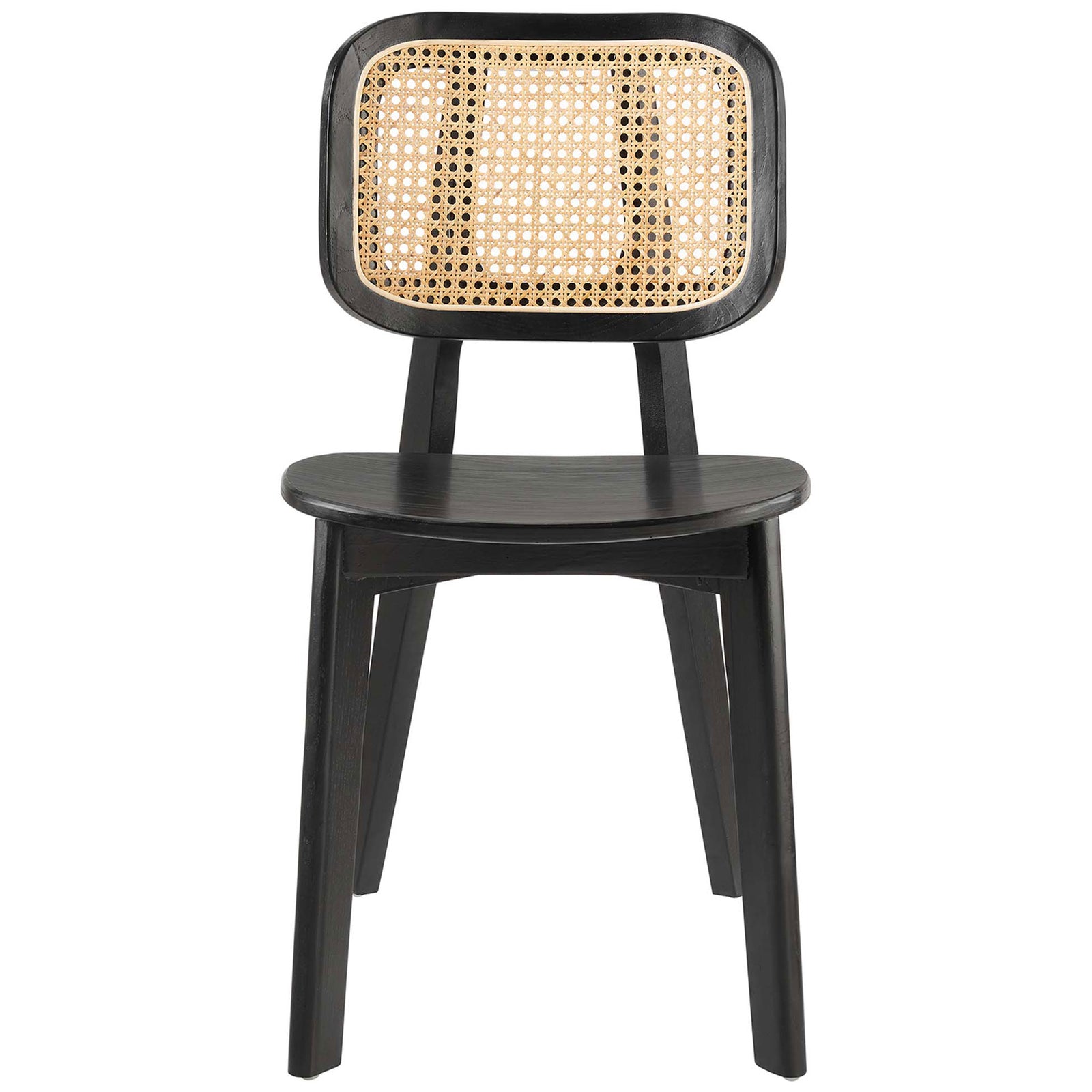 Bentwood seat and woven rattan cane back stand out on this black wood dining chair || EEI-4645-BLK || front_studio