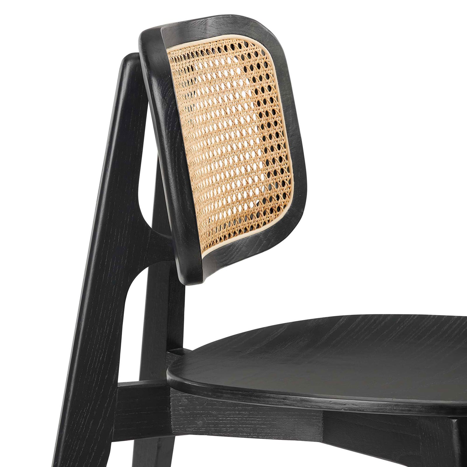 Curved elm wood frame meets finely woven rattan cane backrest for breathable, supportive comfort || EEI-4645-BLK || detail_studio