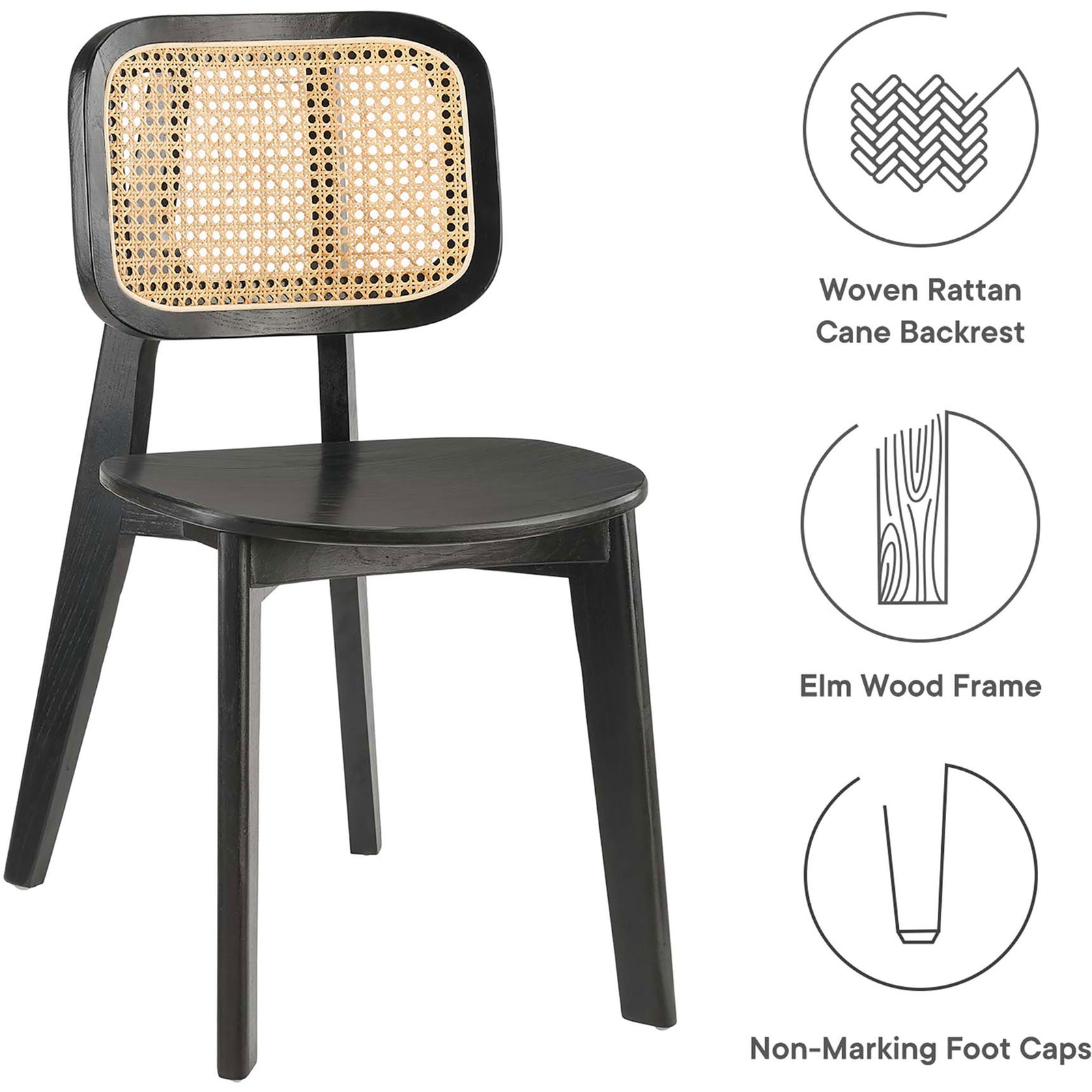 Key features include woven cane backrest, solid elm wood frame, and protective non-marking foot caps || EEI-4645-BLK || callout_studio