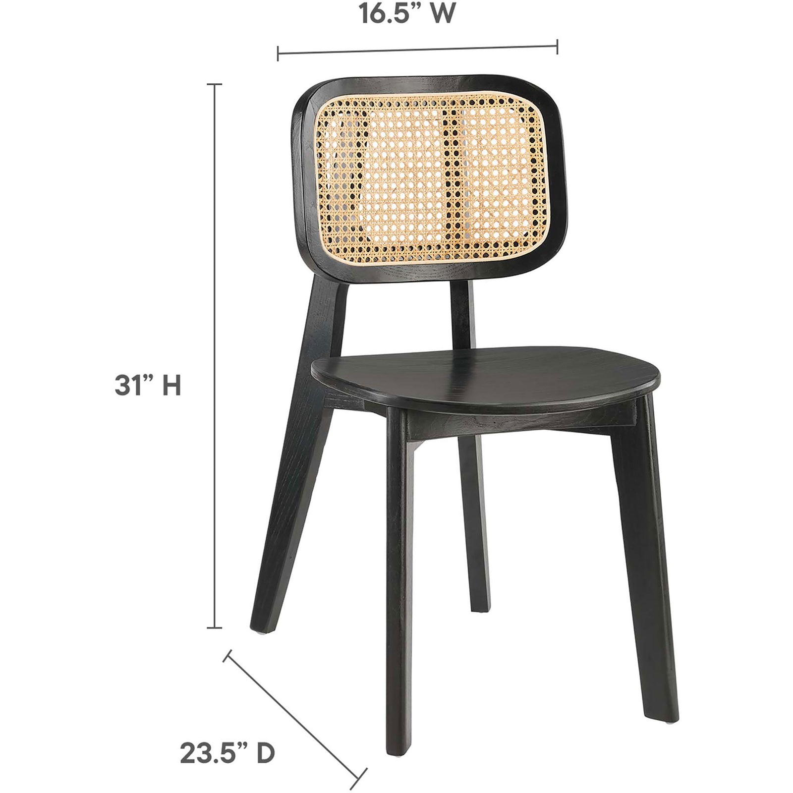 Measurements highlight the compact footprint and seat height of this modern cane back dining chair || EEI-4645-BLK || dimension_studio