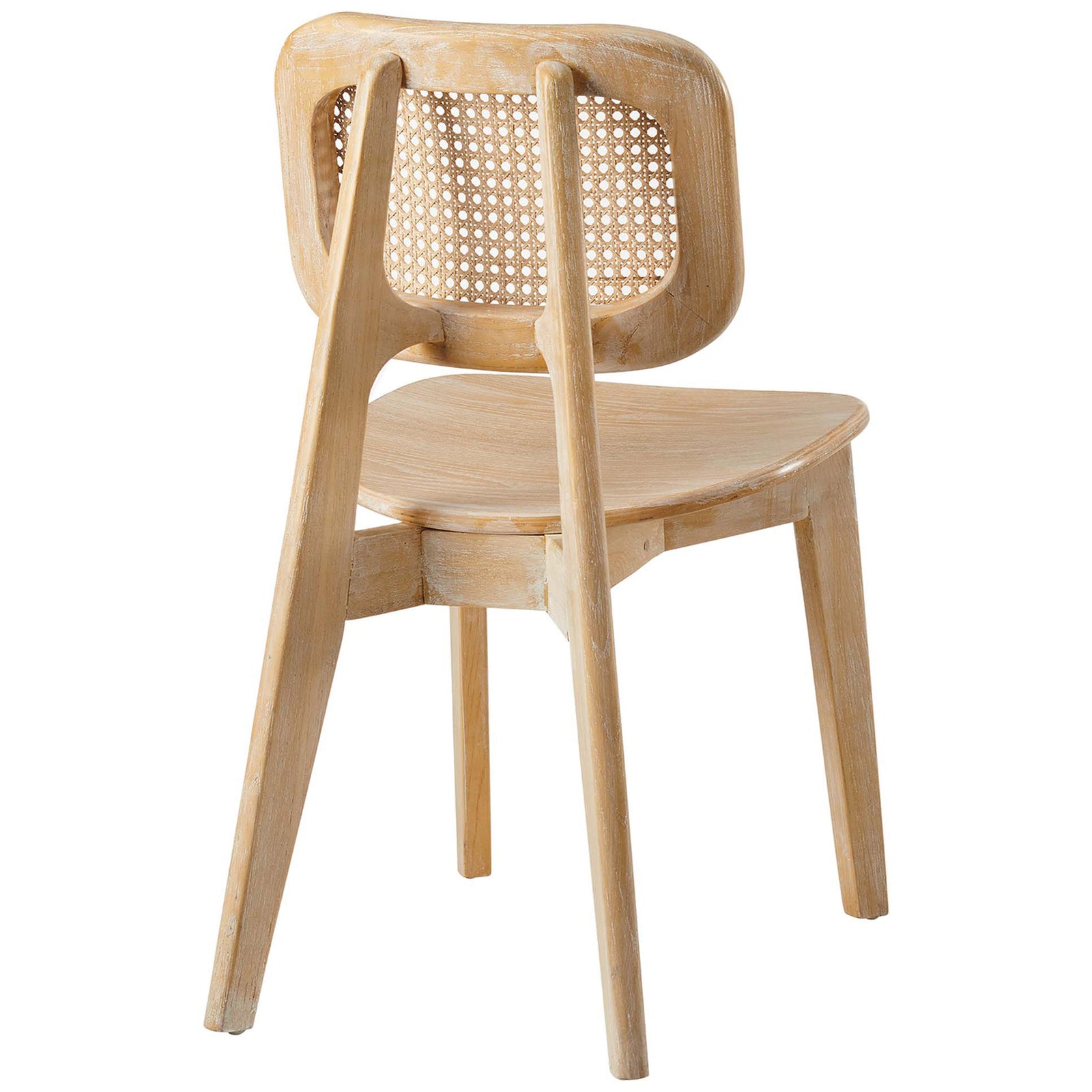 Wood dining chair showcasing the airy woven cane backrest and sculpted rear legs || EEI-4645-GRY || back_angle_studio