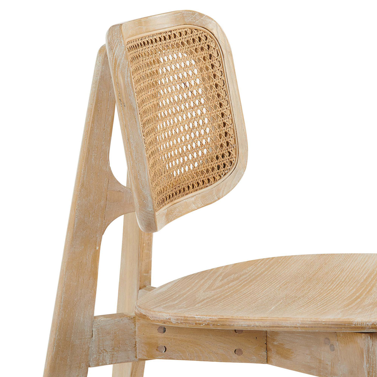 Woven rattan cane backrest and smooth elm wood seat with visible grain detailing || EEI-4645-GRY || detail_studio