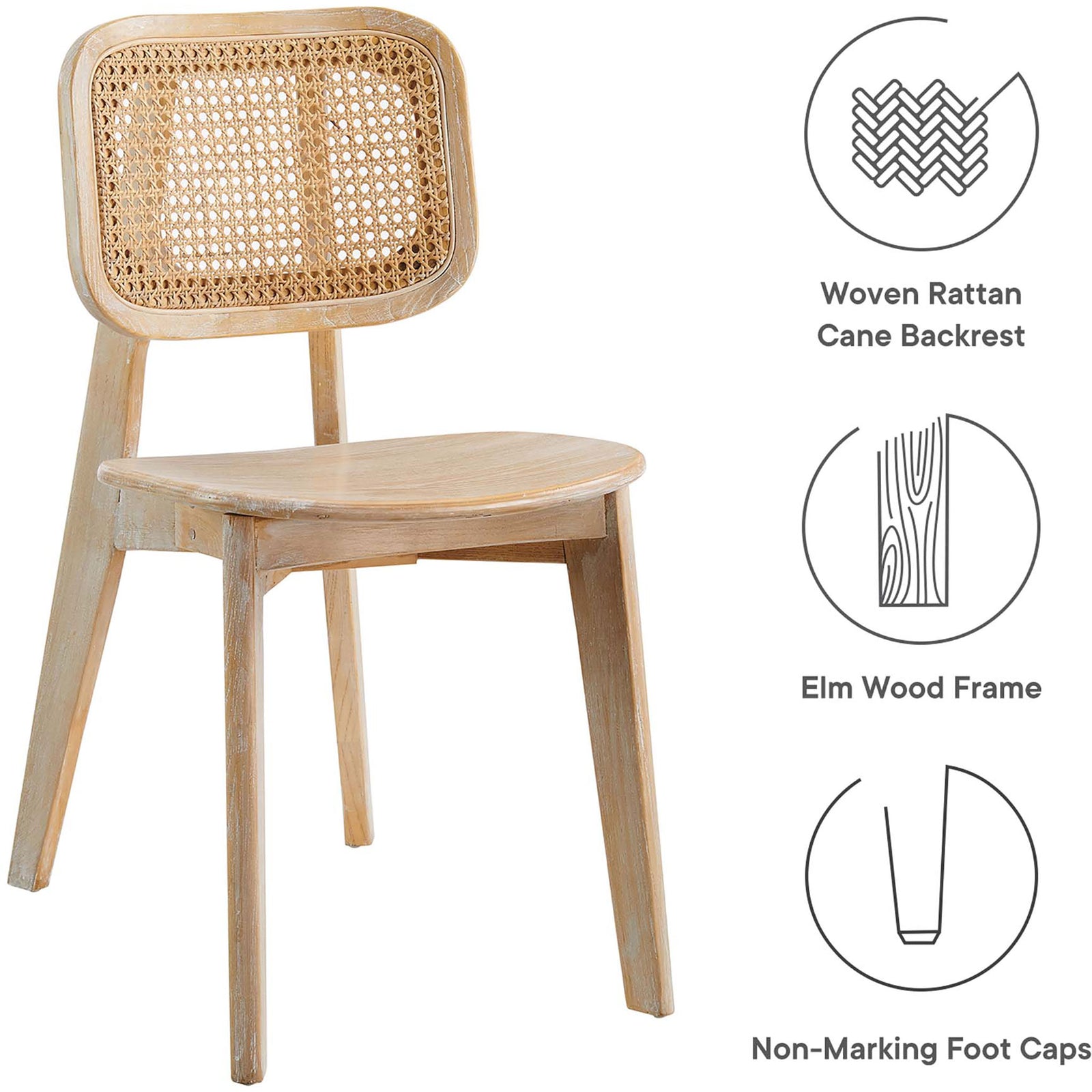 Wood dining chair with feature icons for cane backrest, elm frame, and non-marking foot caps || EEI-4645-GRY || callout_studio