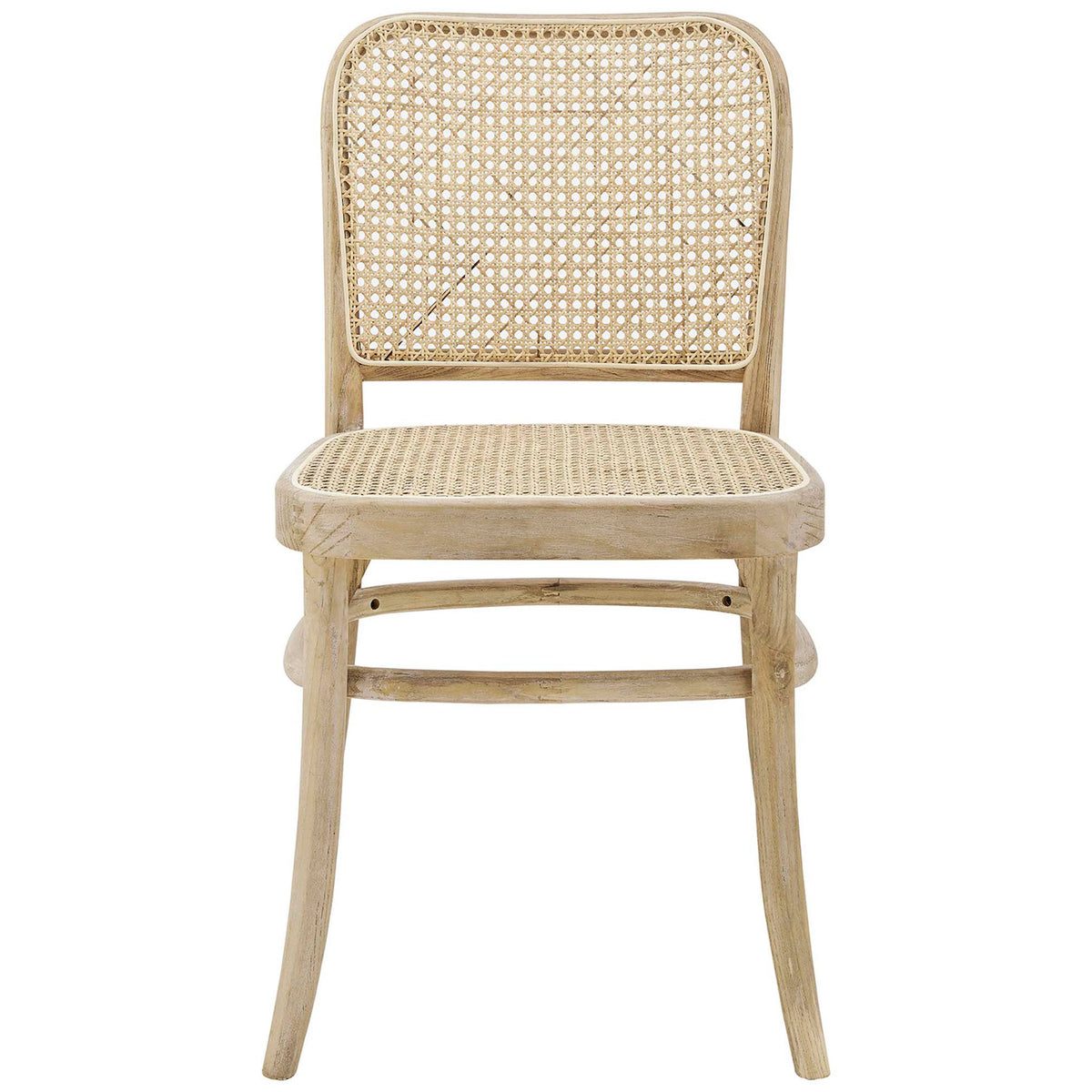 Cane-back dining chair with woven rattan seat and smooth elm wood frame in a light coastal finish. || EEI-4646-GRY || front_studio
