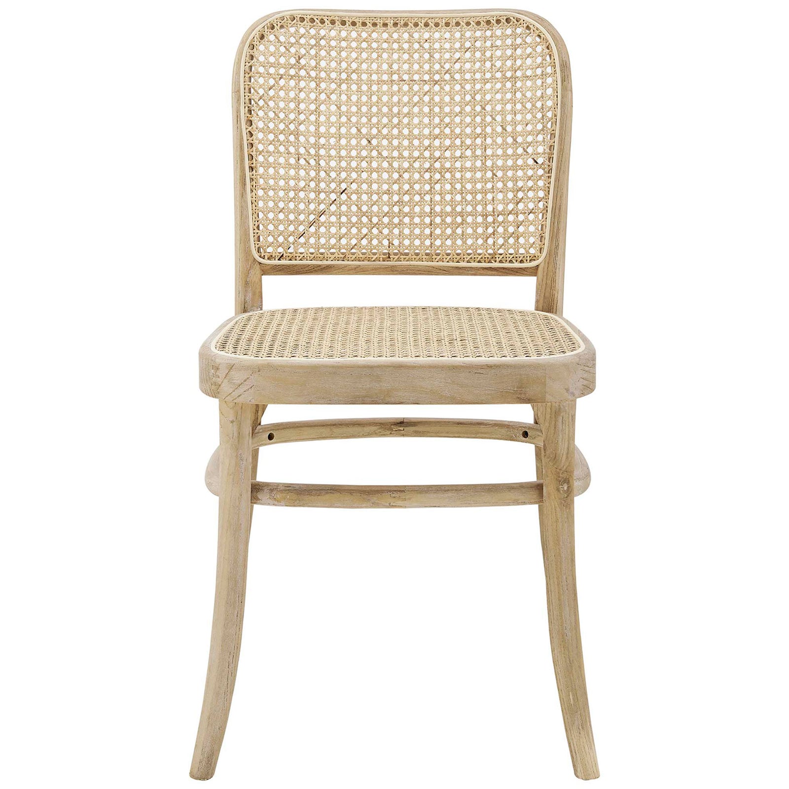 Cane-back dining chair with woven rattan seat and smooth elm wood frame in a light coastal finish. || EEI-4646-GRY || front_studio
