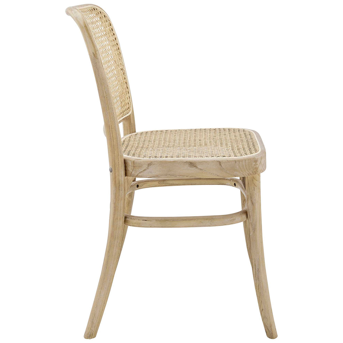 Dining chair highlighting curved back, slim rattan seat, and an arched stretcher along the base. || EEI-4646-GRY || side_studio
