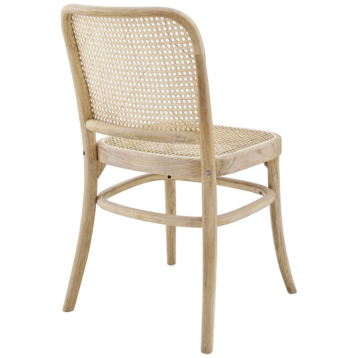 Back of the chair showcasing woven cane pattern and smoothly rounded elm wood frame. || EEI-4646-GRY || back_angle_studio