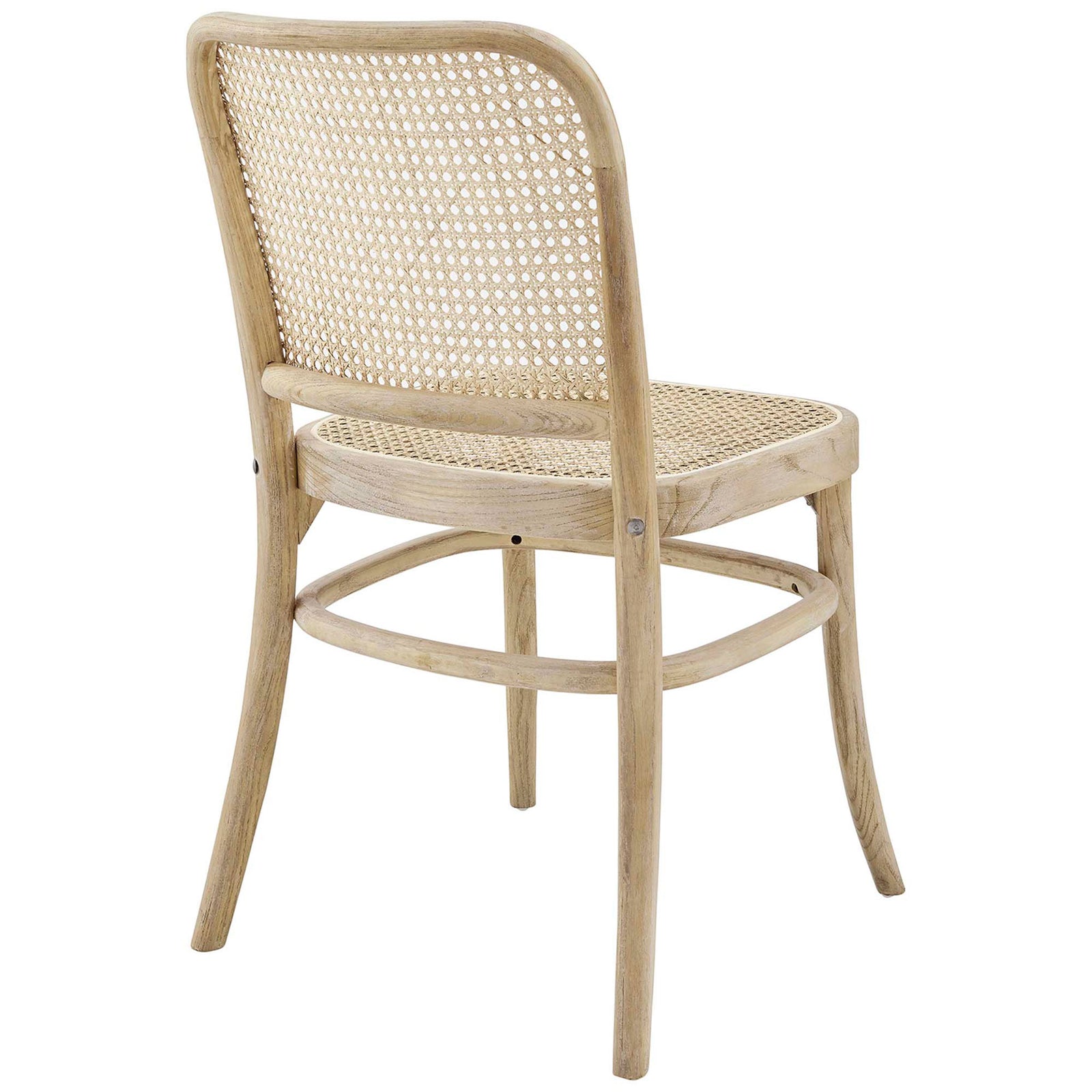 Back of the chair showcasing woven cane pattern and smoothly rounded elm wood frame. || EEI-4646-GRY || back_angle_studio