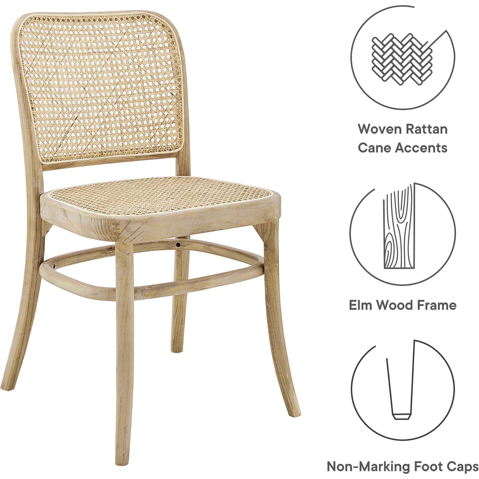 Features highlighted: woven rattan cane accents, sturdy elm wood frame, and non-marking foot caps. || EEI-4646-GRY || callout_studio