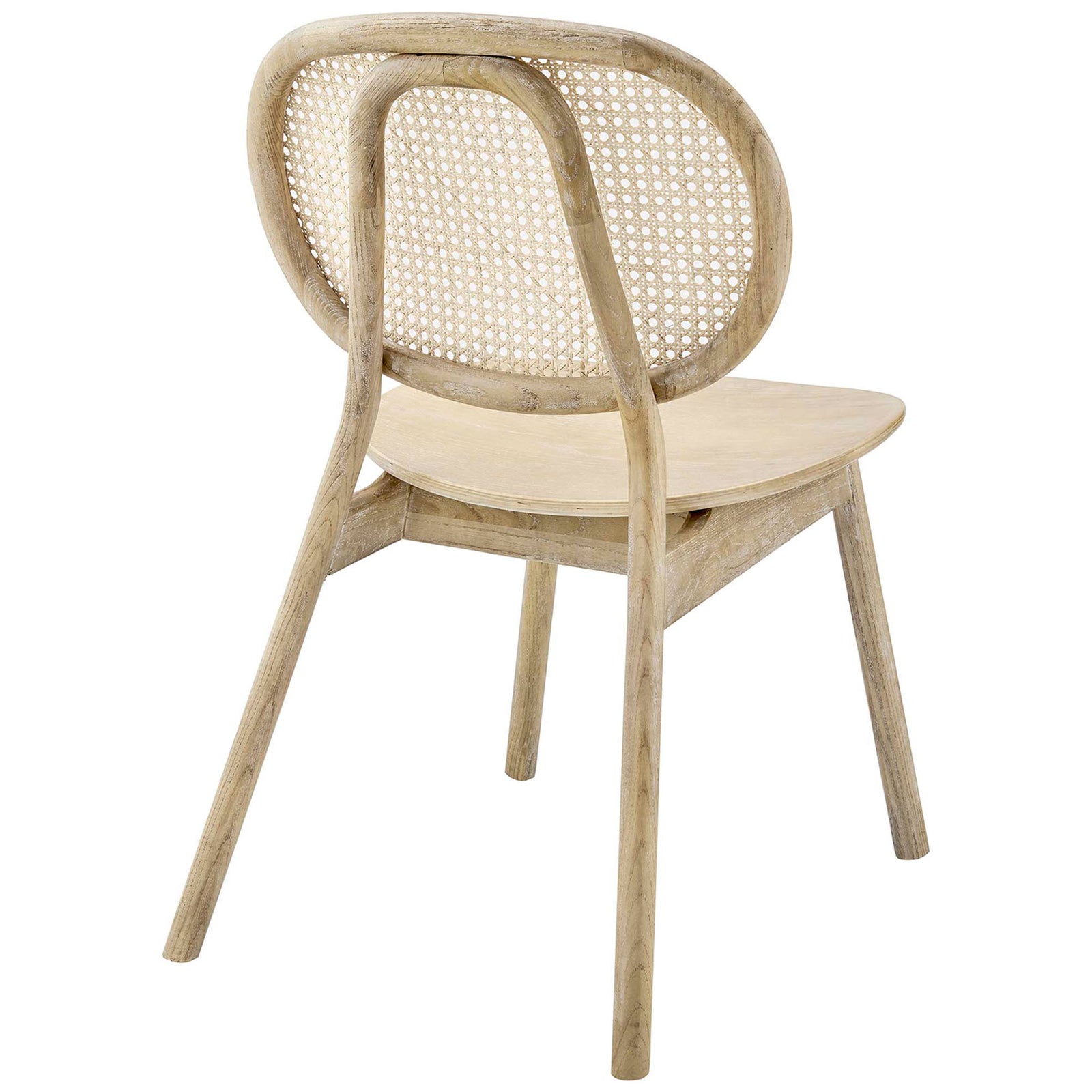 Curved rattan cane back framed in solid elm wood adds texture and openness to this dining chair || EEI-4649-GRY || back_angle_studio