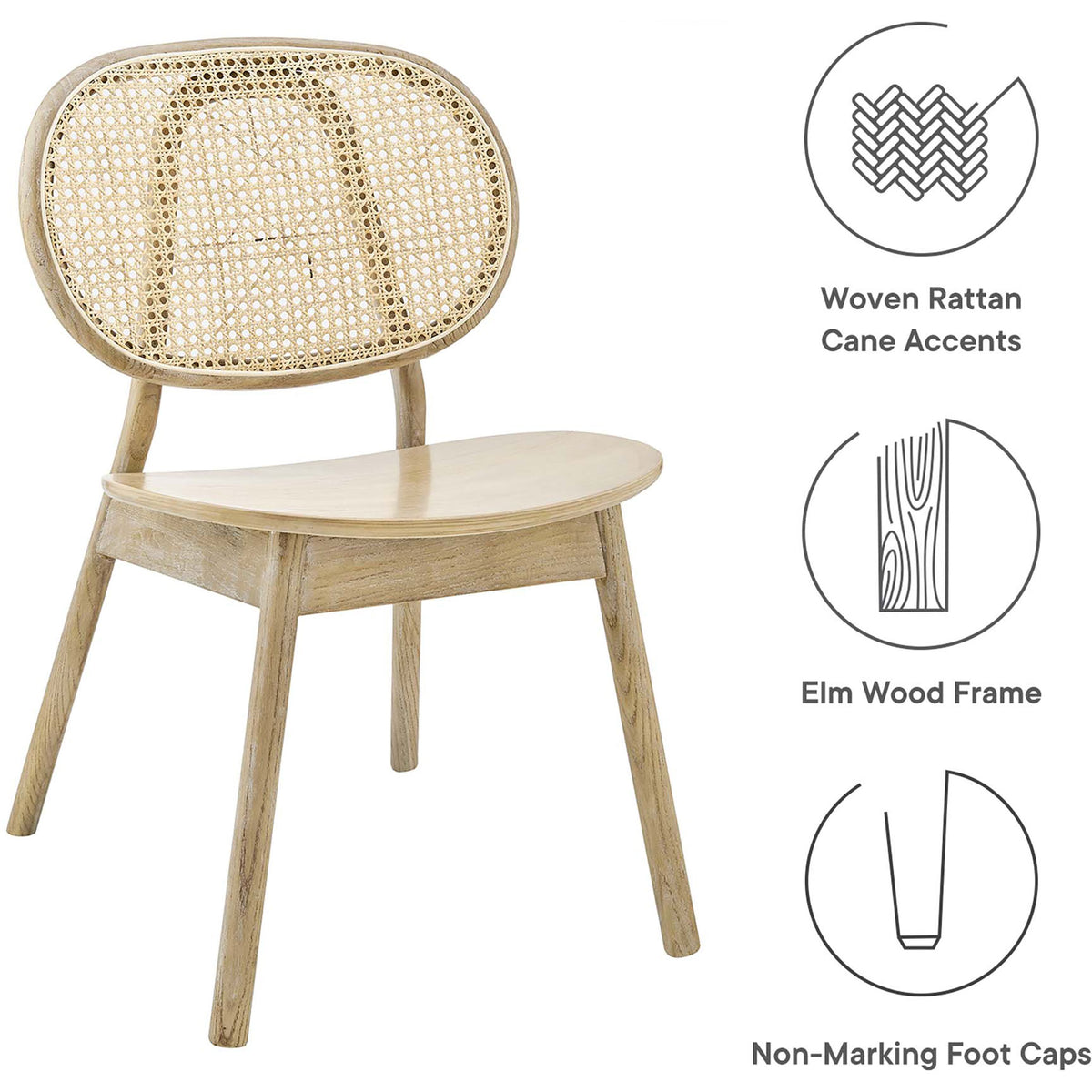 Wood dining chair with cane back, elm wood frame, and non-marking foot caps ideal for everyday dining || EEI-4649-GRY || callout_studio