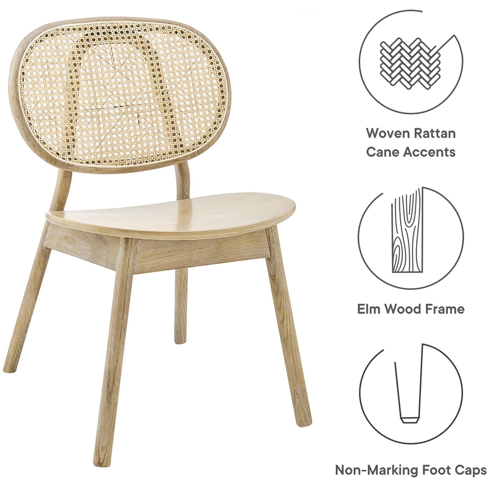 Wood dining chair with cane back, elm wood frame, and non-marking foot caps ideal for everyday dining || EEI-4649-GRY || callout_studio