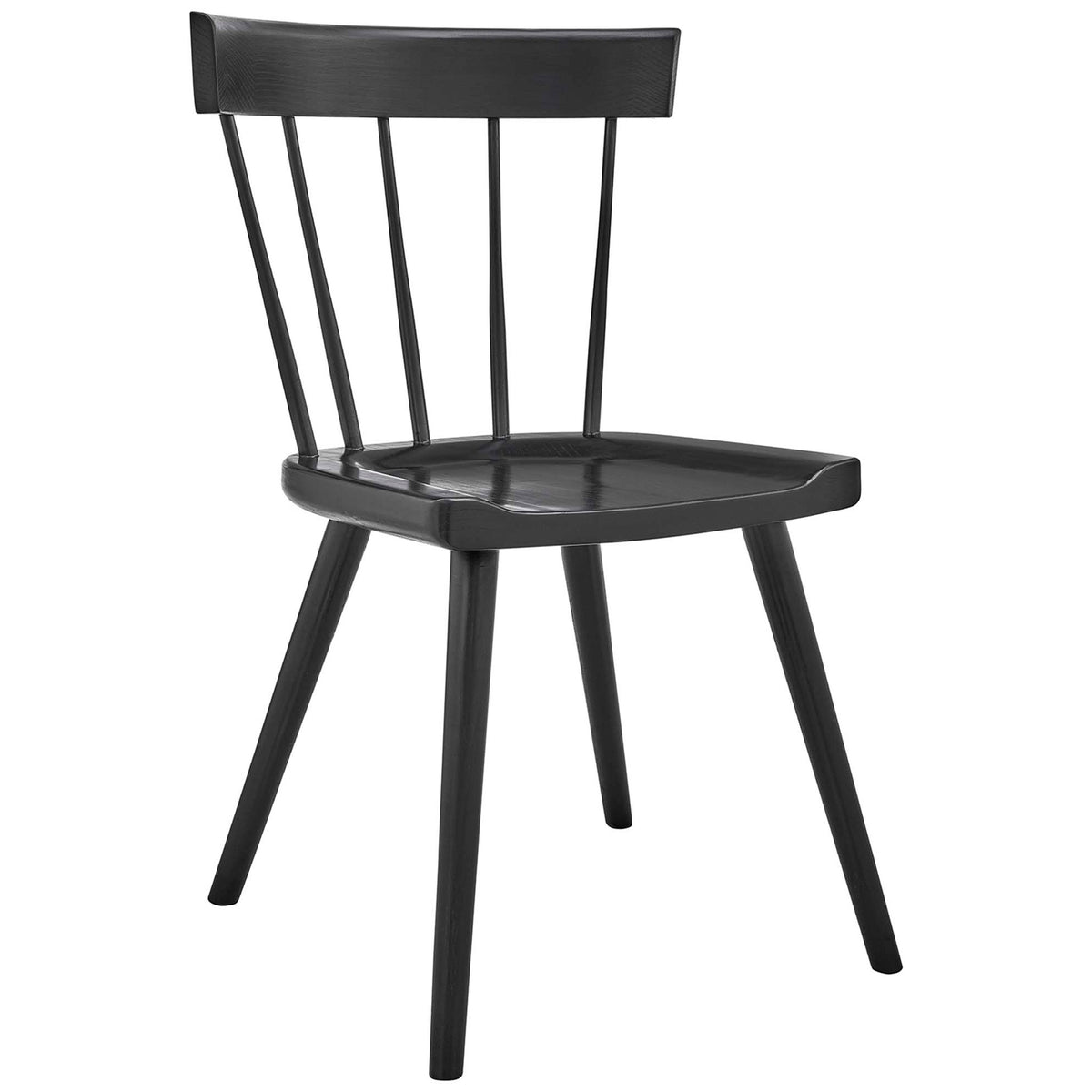 Black elm wood dining chair with contoured seat, slim spindle backrest, and splayed dowel legs. || EEI-4650-BLK || front_angle_studio