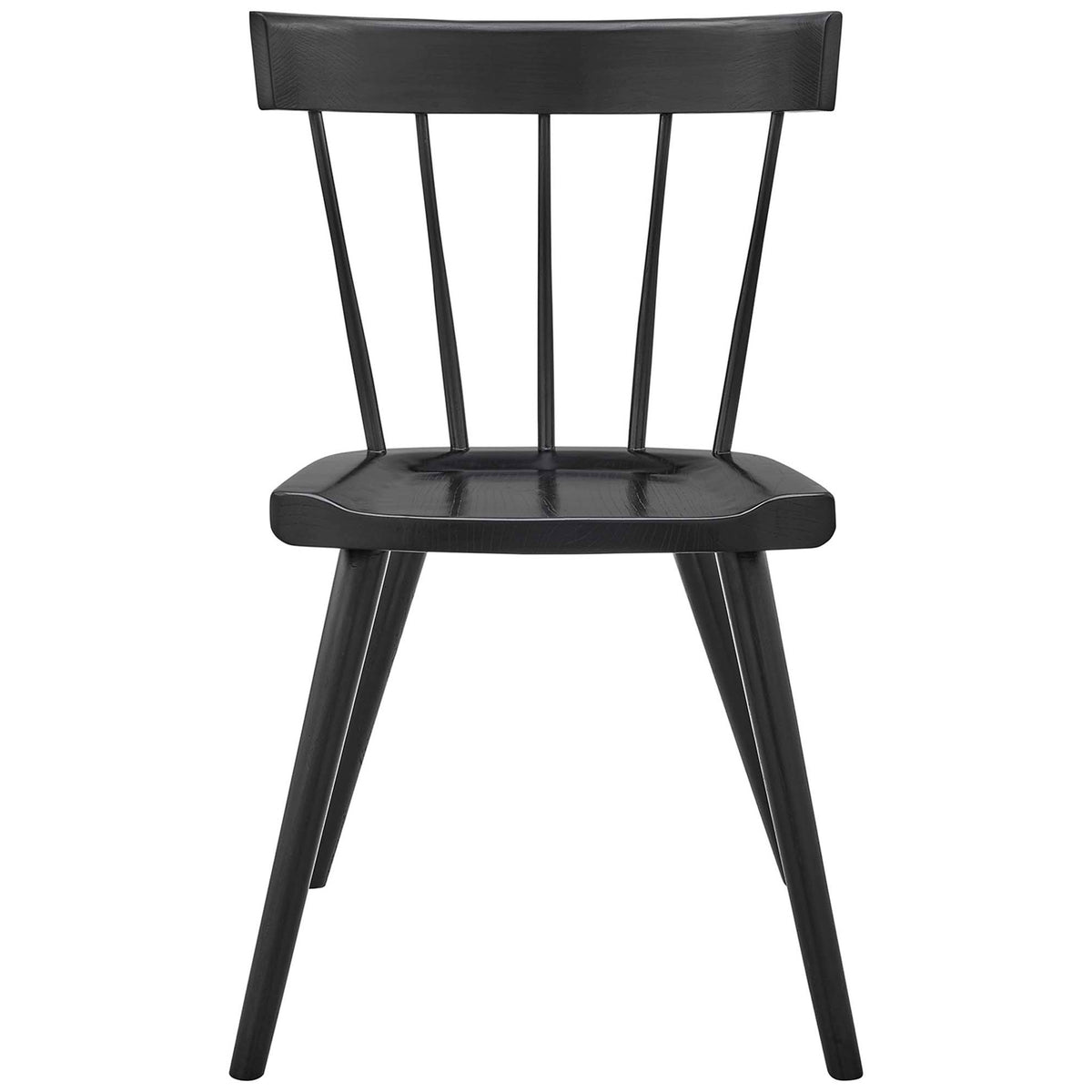 Black wood dining chair with a wide top rail, straight spindle backrest, and sculpted seat for everyday comfort. || EEI-4650-BLK || front_studio