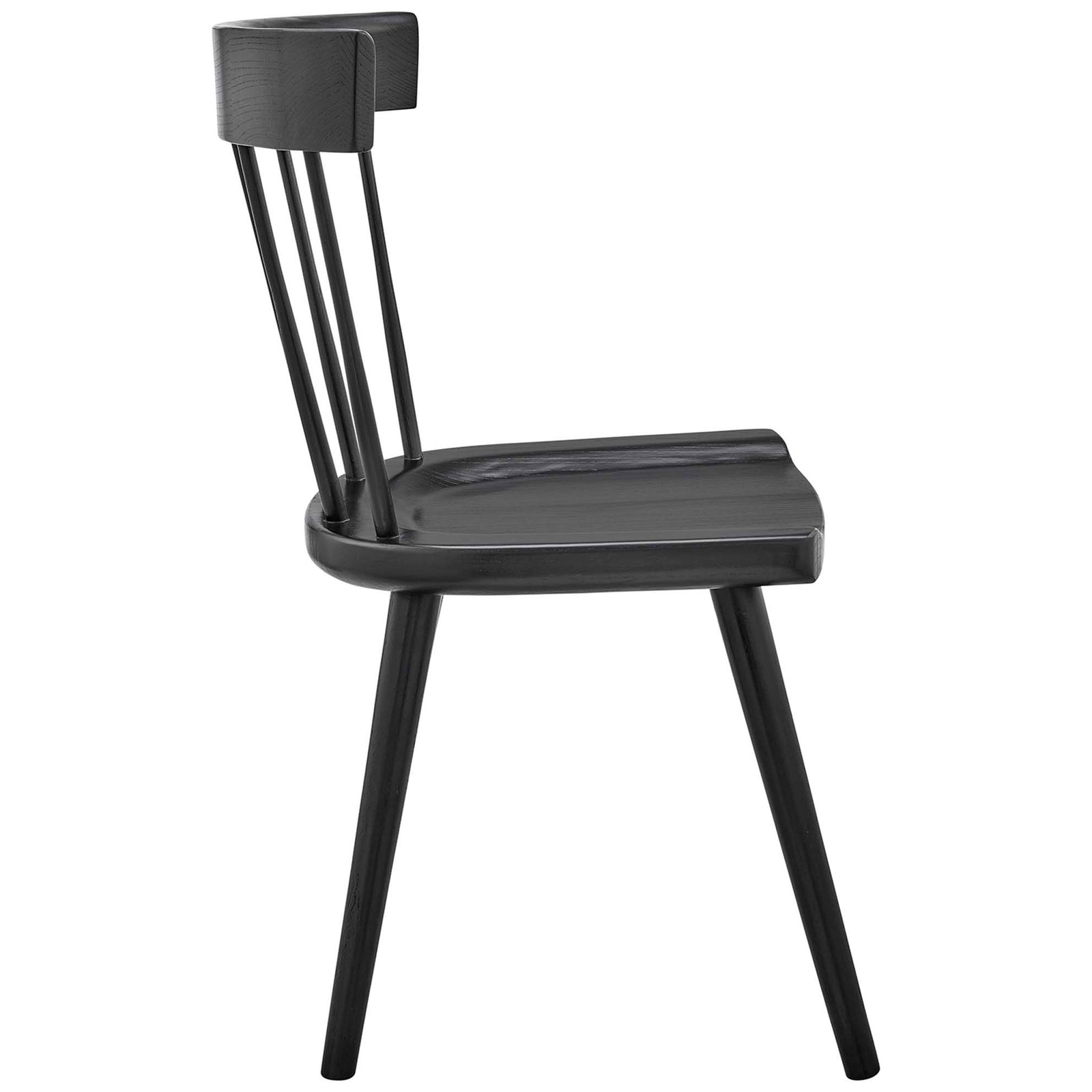 Black wood dining chair showcasing its gently reclined backrest, contoured saddle seat, and sturdy splayed legs. || EEI-4650-BLK || side_studio