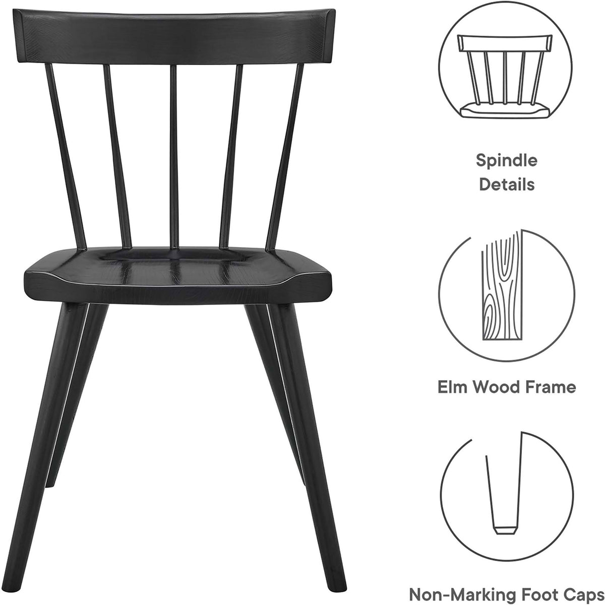 Black wood dining chair highlighting spindle back details, solid elm wood frame, and non-marking foot caps. || EEI-4650-BLK || callout_studio