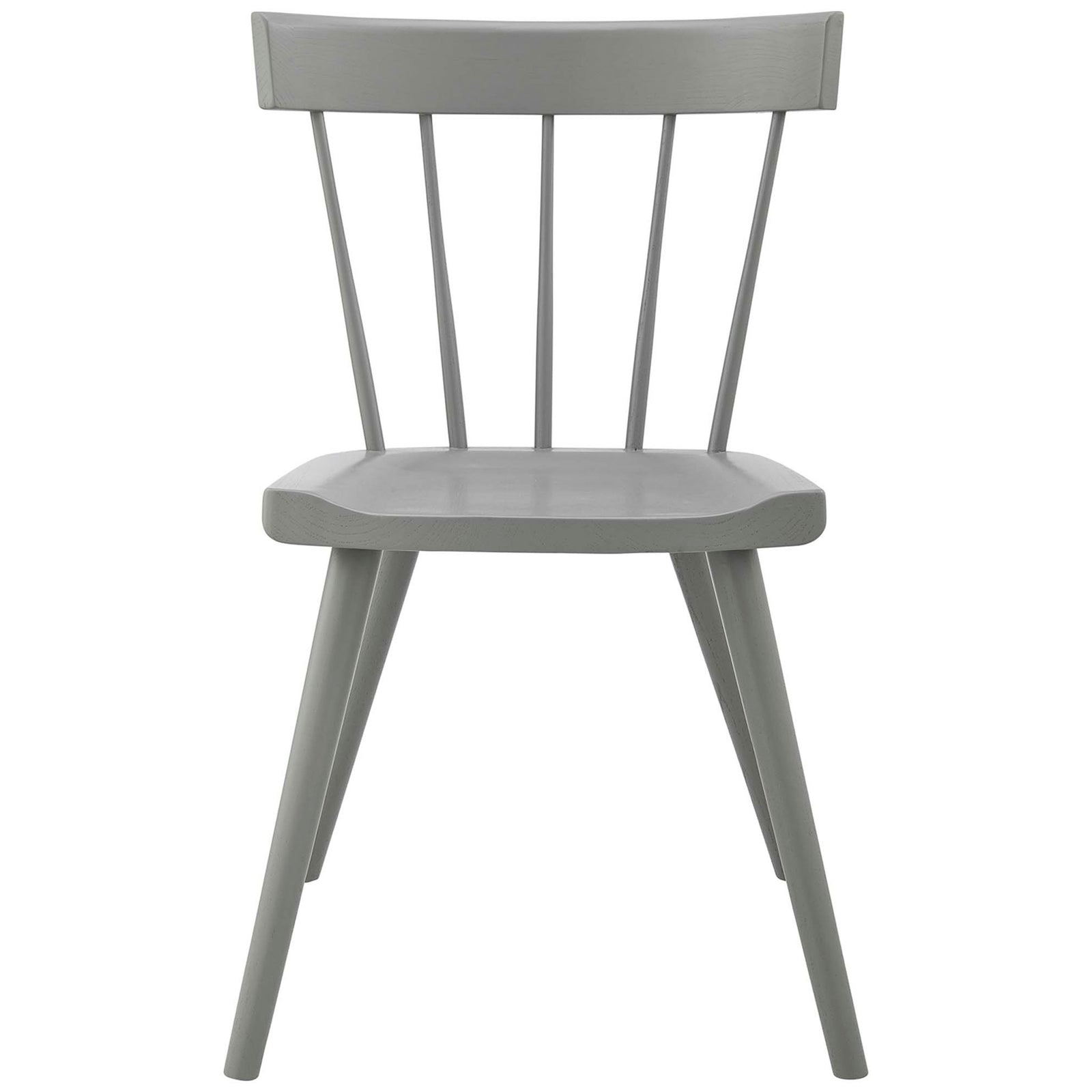 Elm wood dining chair in light gray finish with sculpted seat and supportive spindle backrest. || EEI-4650-LGR || front_studio