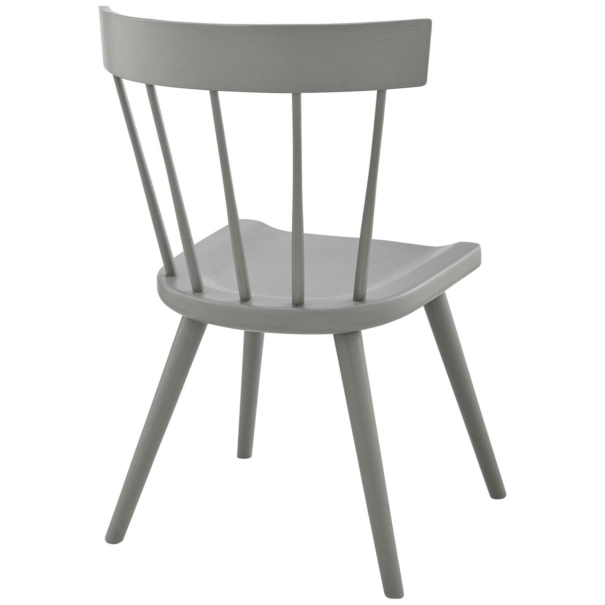 Open spindle back and tapered legs lend this light gray wood chair an airy, timeless look. || EEI-4650-LGR || back_angle_studio
