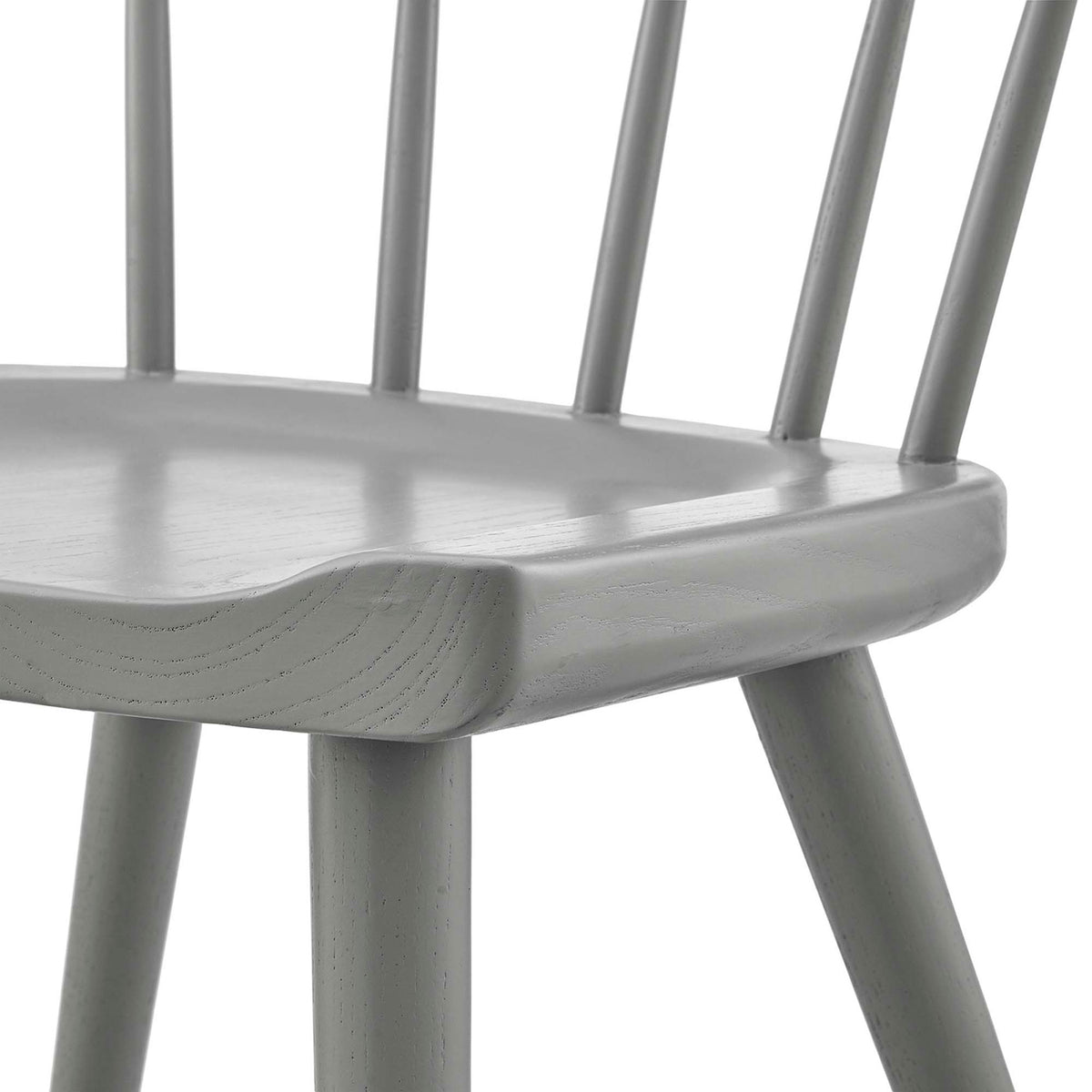 Smooth contoured wood seat and visible grain showcase the quality craftsmanship of this light gray chair. || EEI-4650-LGR || detail_studio