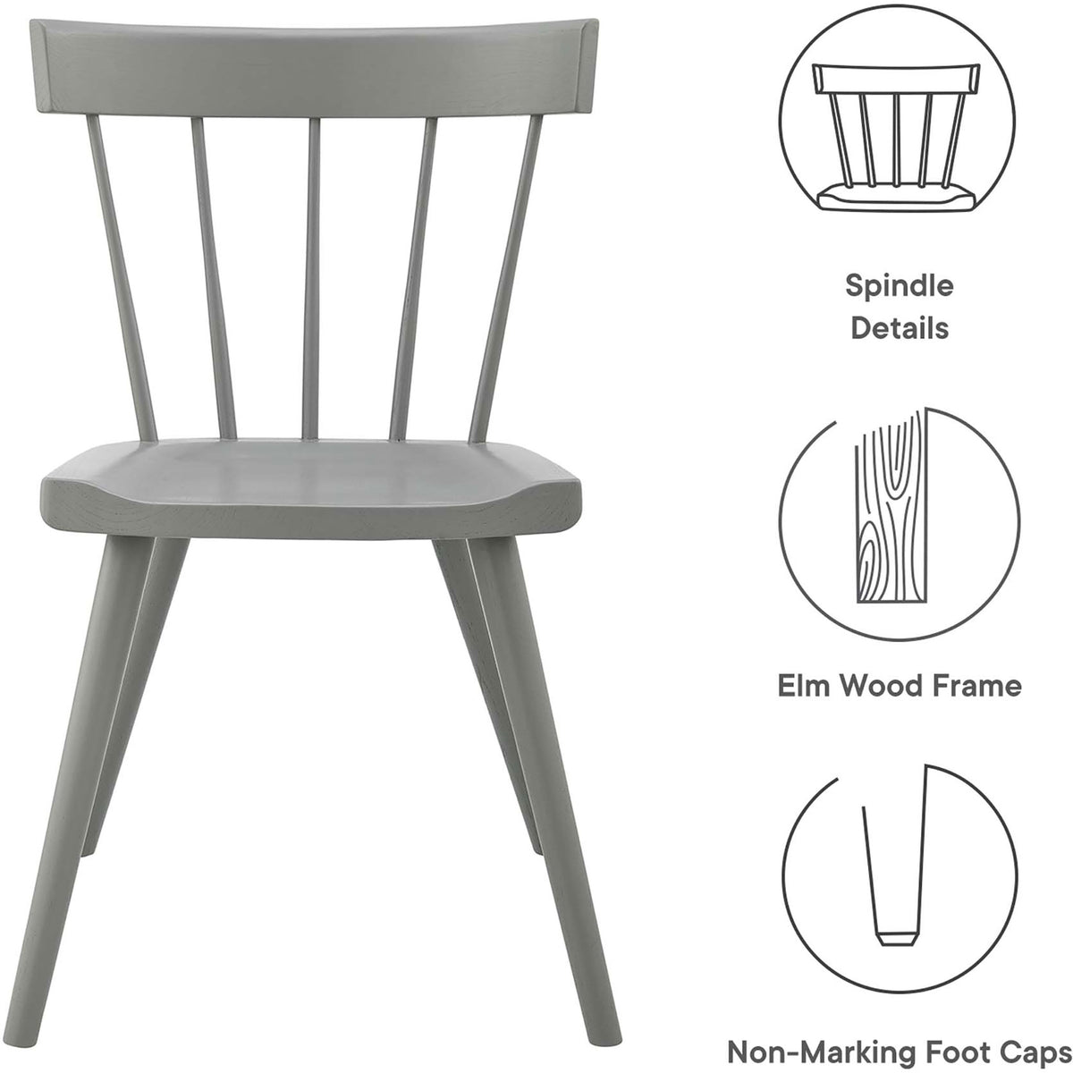 Feature highlights of the Sutter light gray wood dining chair, from spindle back to non marking foot caps. || EEI-4650-LGR || callout_studio