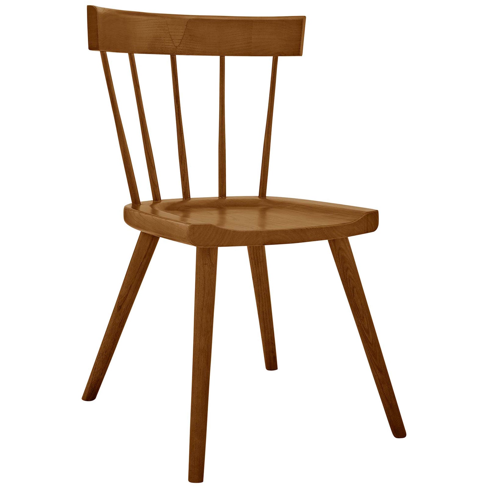 Elm wood dining side chair with contoured seat and tapered silhouette in a warm walnut finish. || EEI-4650-WAL || front_angle_studio