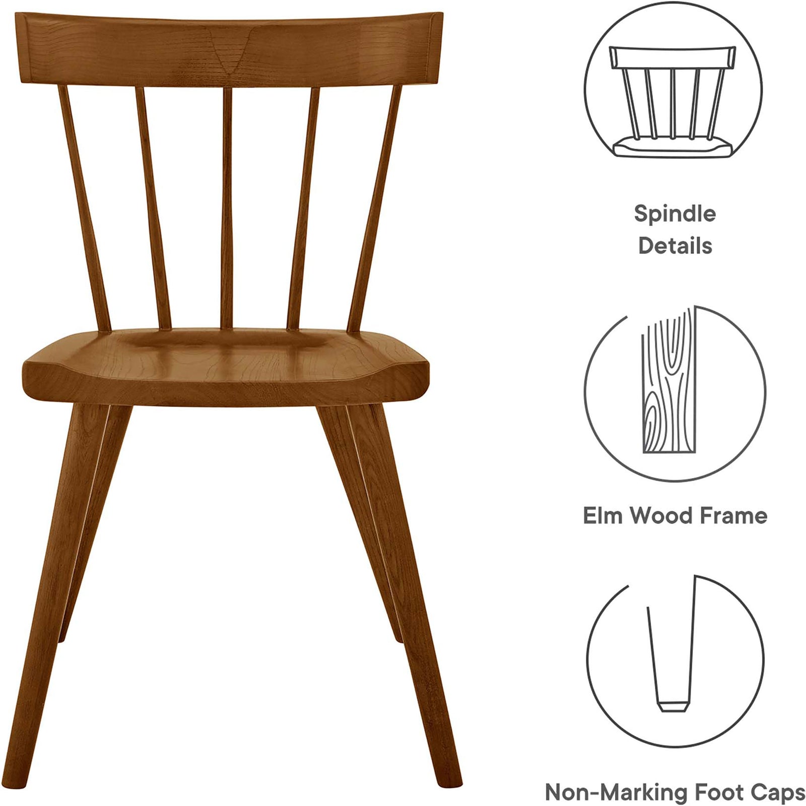 Walnut dining chair highlighting spindle back, elm wood frame, and non-marking feet for floor protection. || EEI-4650-WAL || callout_studio