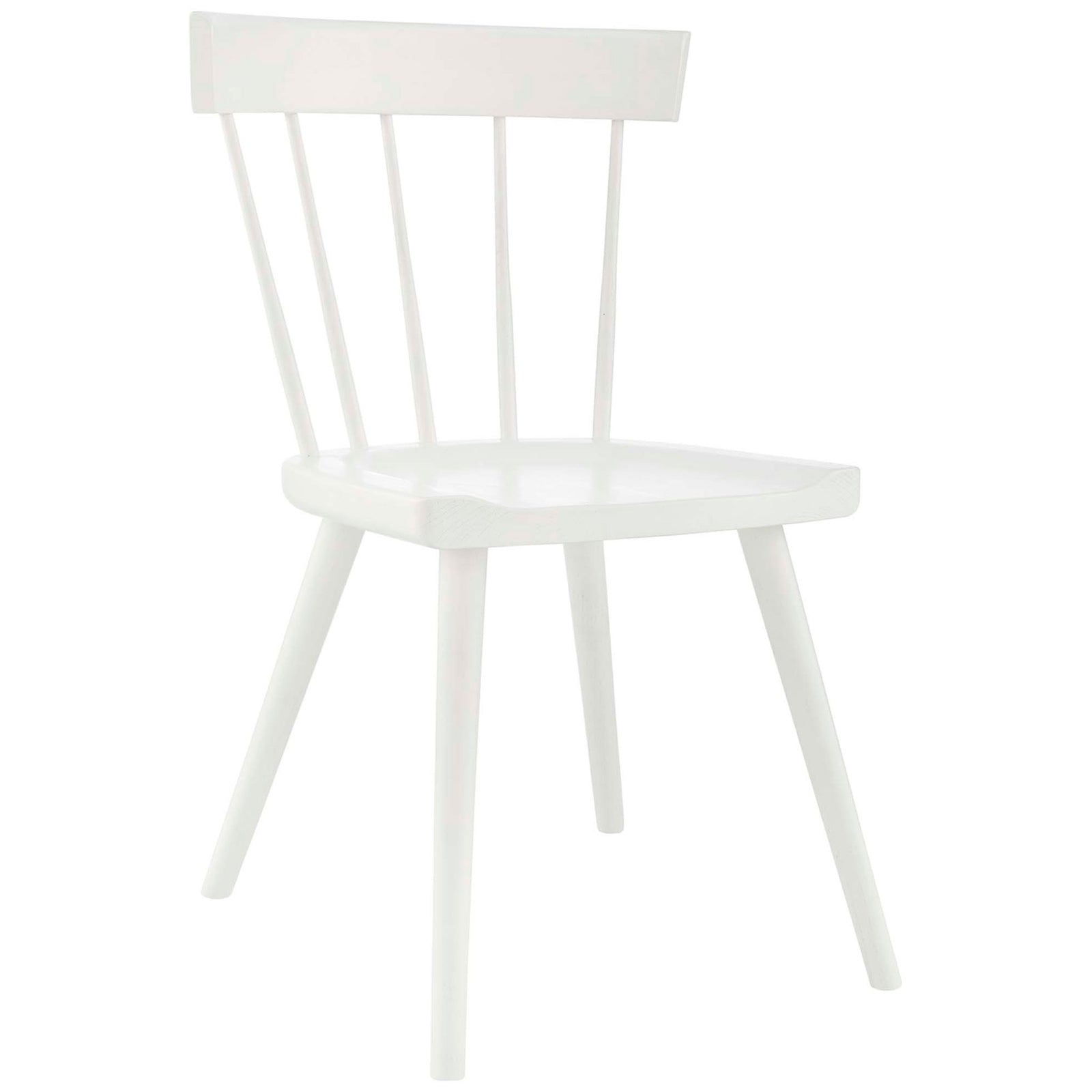 Modern farmhouse dining chair in white elm wood with splayed legs and slim back spindles || EEI-4650-WHI || front_angle_studio