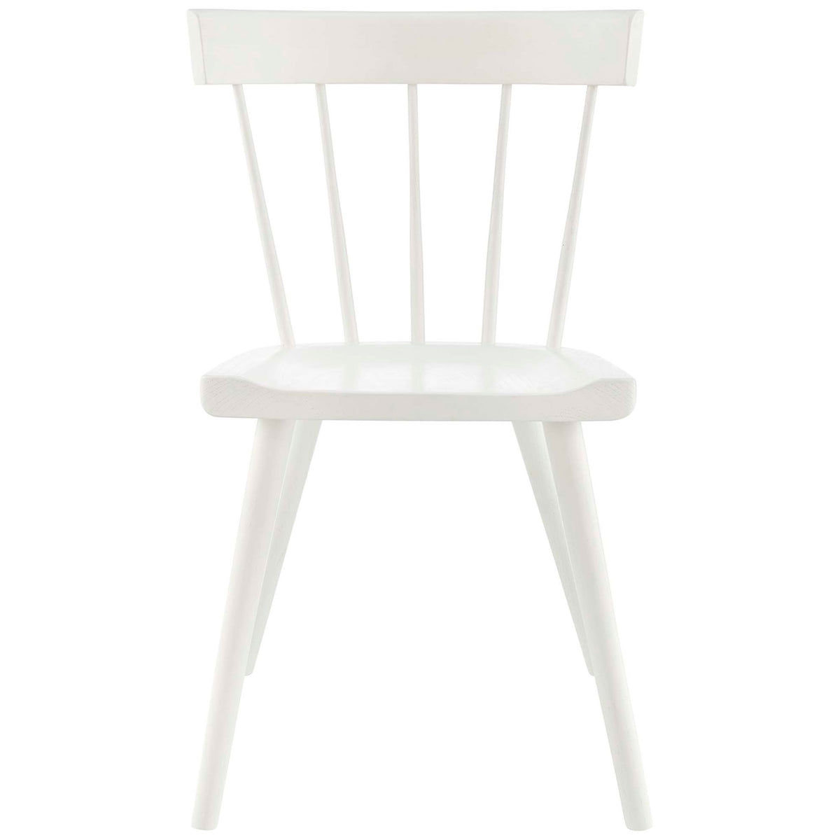 White wood dining chair with spindle back and gently contoured seat for everyday comfort || EEI-4650-WHI || front_studio