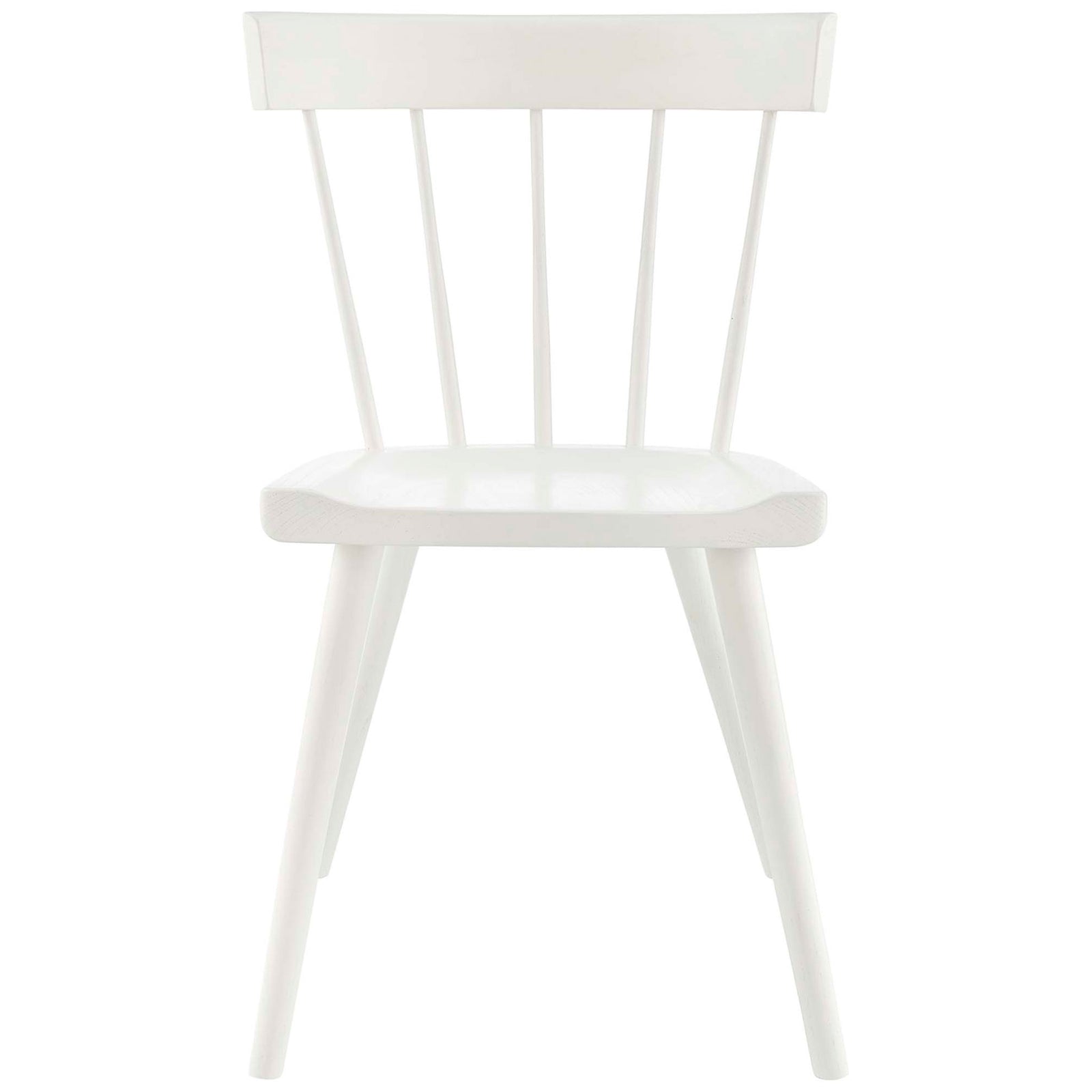 White wood dining chair with spindle back and gently contoured seat for everyday comfort || EEI-4650-WHI || front_studio