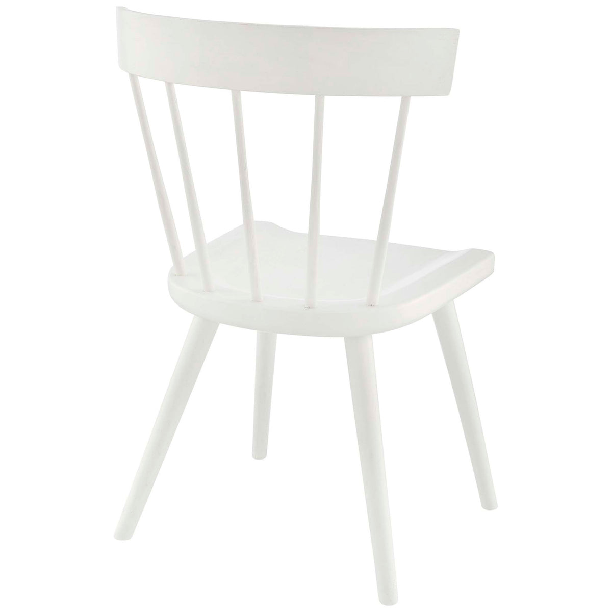 White dining chair showcasing the curved back rail and slim spindles for airy, open support || EEI-4650-WHI || back_angle_studio