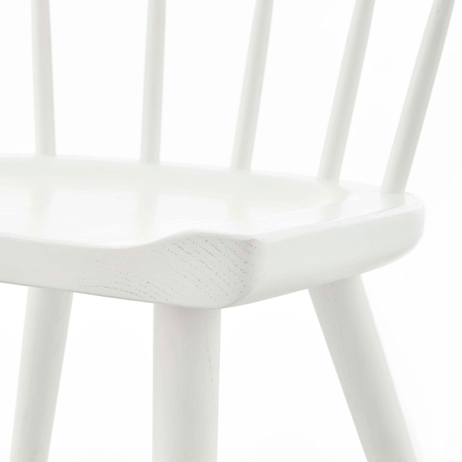 Smooth contoured white wood seat with visible elm grain and rounded front edge || EEI-4650-WHI || detail_studio
