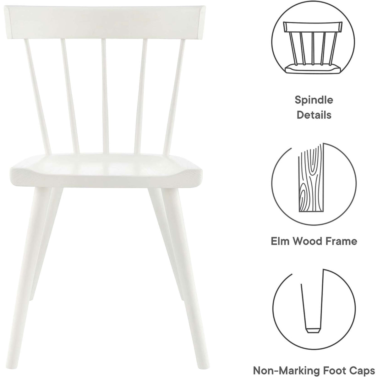 Feature graphic showing Sutter dining chair benefits including spindle back, elm frame, and foot caps || EEI-4650-WHI || callout_studio