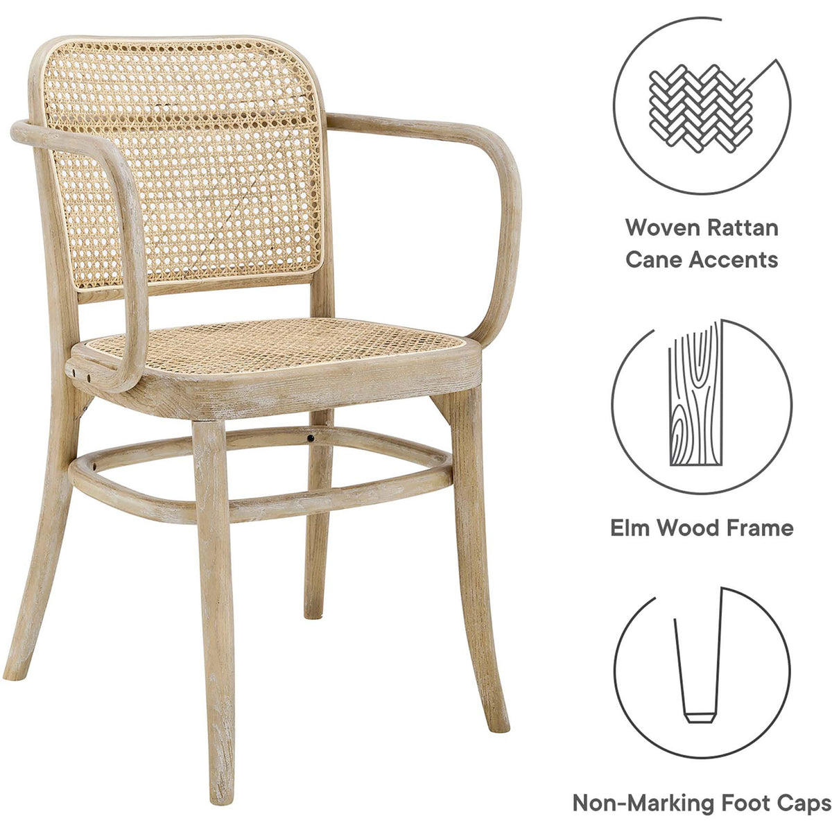 Feature graphic of the Winona chair showing woven cane seat elm wood frame and foot caps || EEI-4651-GRY || callout_studio