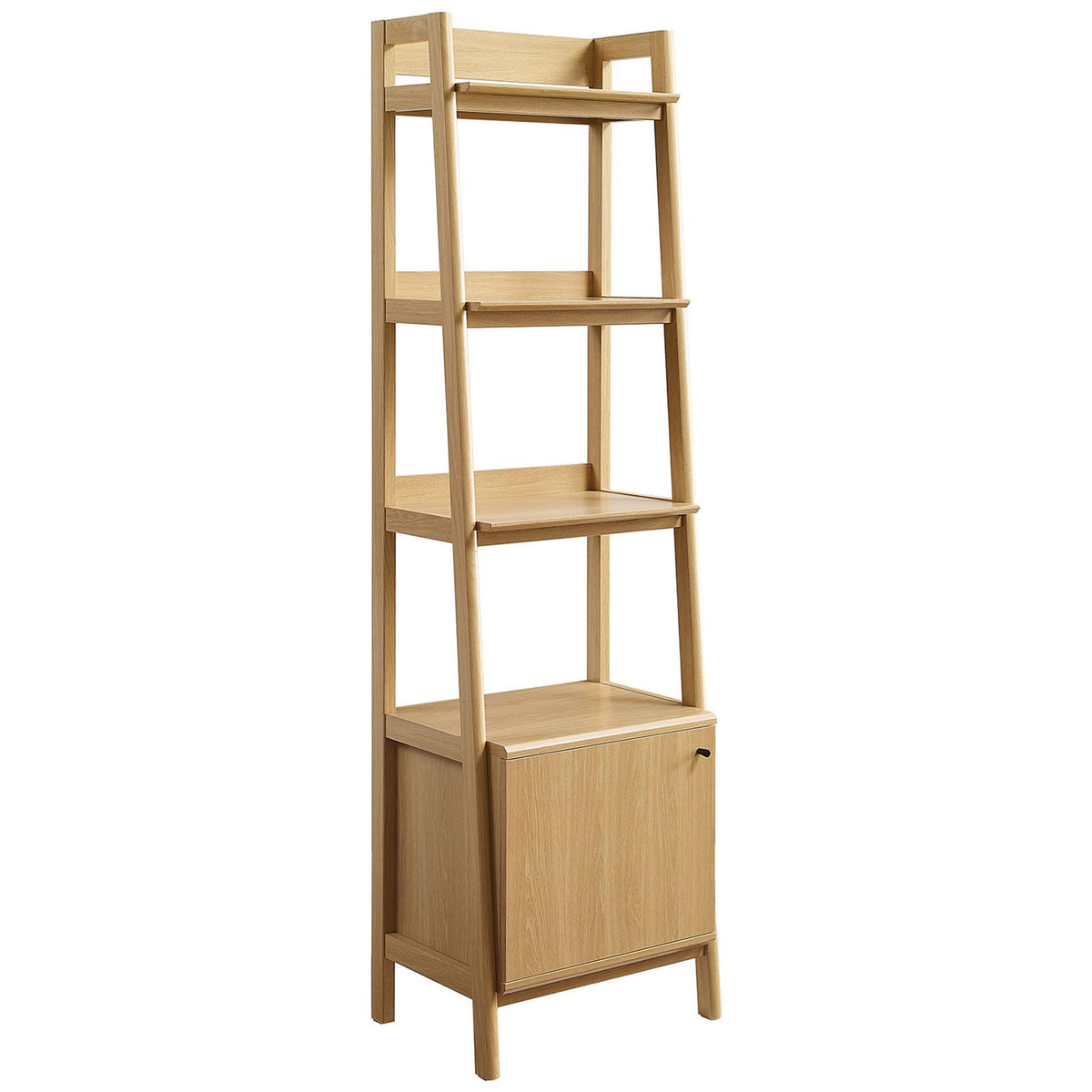 Slim oak bookshelf with tiered open shelves and a concealed cabinet for clutter-free living || EEI-4655-OAK || front_angle_studio