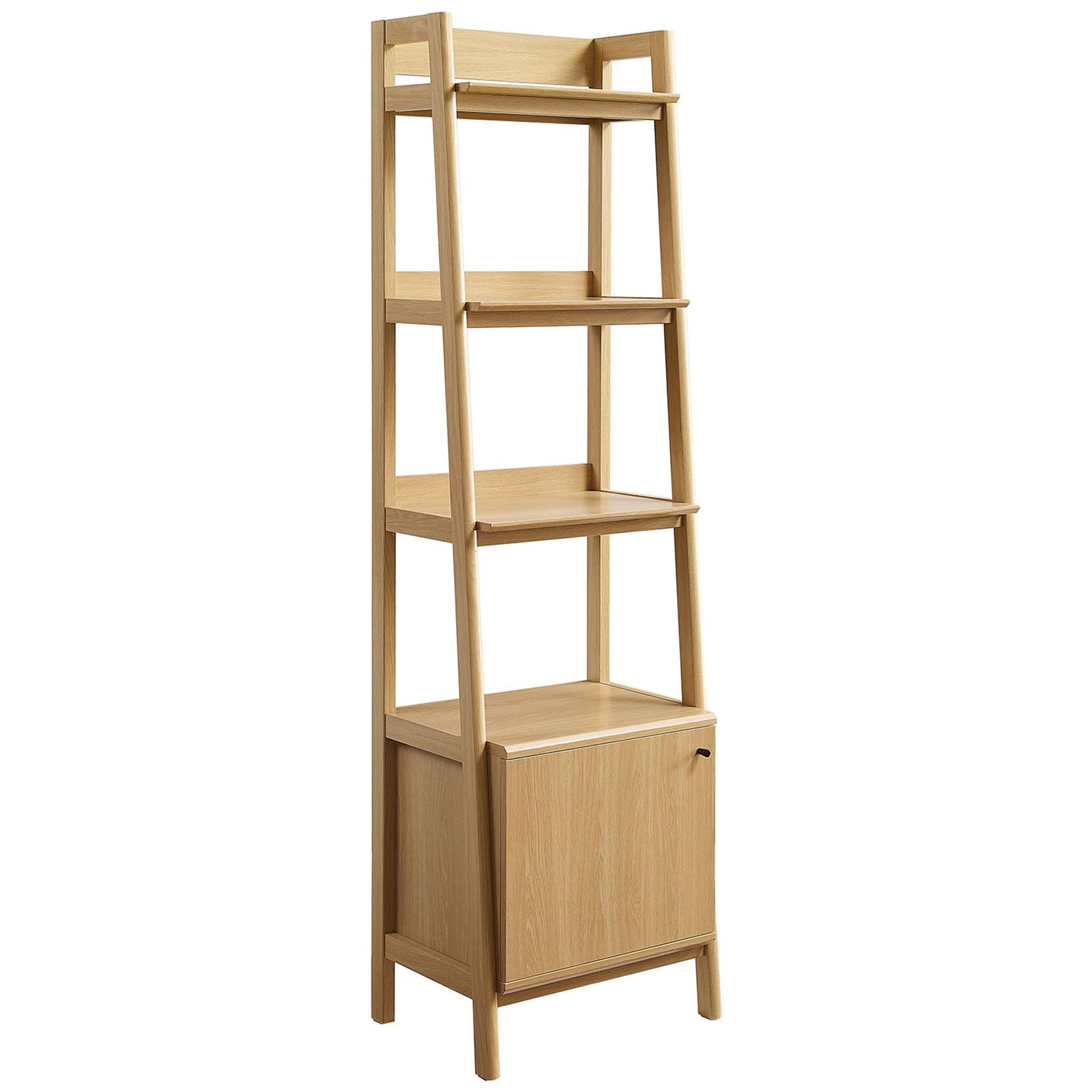 Slim oak bookshelf with tiered open shelves and a concealed cabinet for clutter-free living || EEI-4655-OAK || front_angle_studio