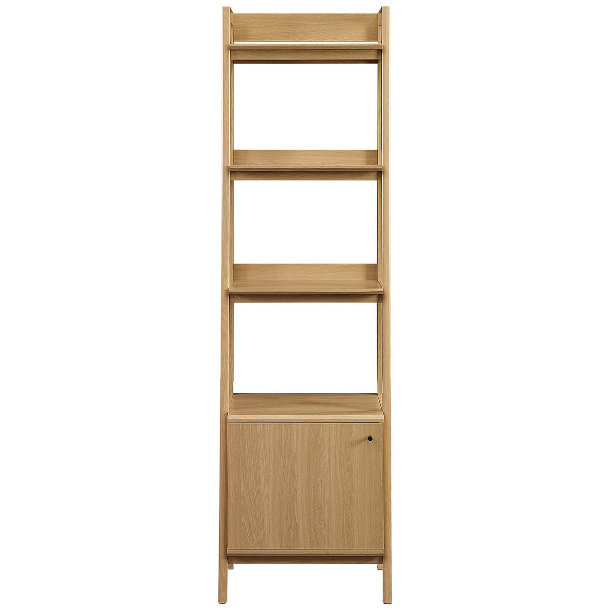 Three spacious shelves with organic wood grain above a clean, modern cabinet door || EEI-4655-OAK || front_studio