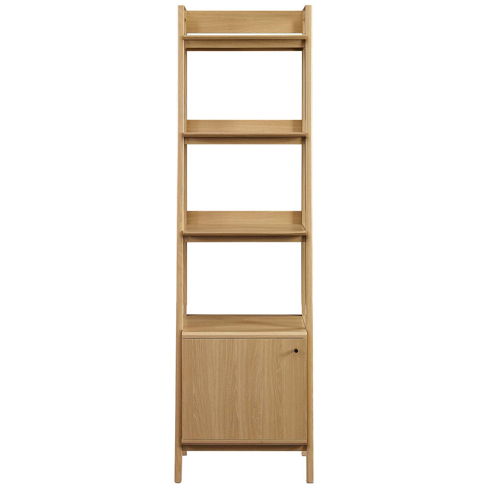 Three spacious shelves with organic wood grain above a clean, modern cabinet door || EEI-4655-OAK || front_studio