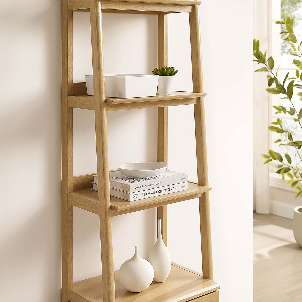Warm oak finish showcases decor on tiered shelves for a modern, airy look || EEI-4655-OAK || detail_room