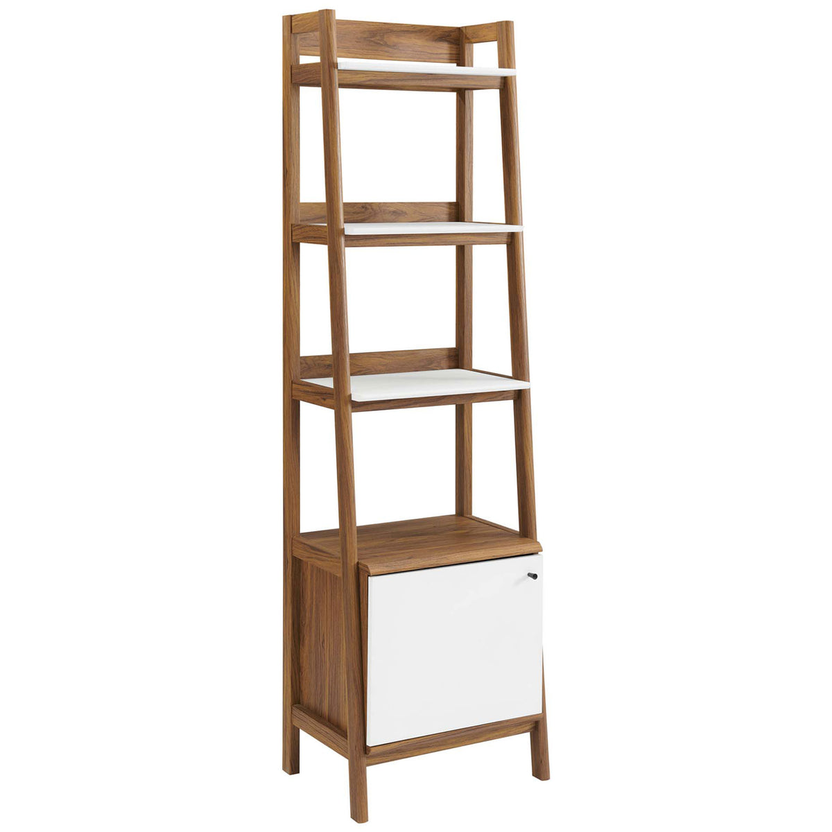 Ladder-style walnut frame pairs with crisp white shelves and a matching cabinet door for modern contrast || EEI-4655-WAL-WHI || front_angle_studio