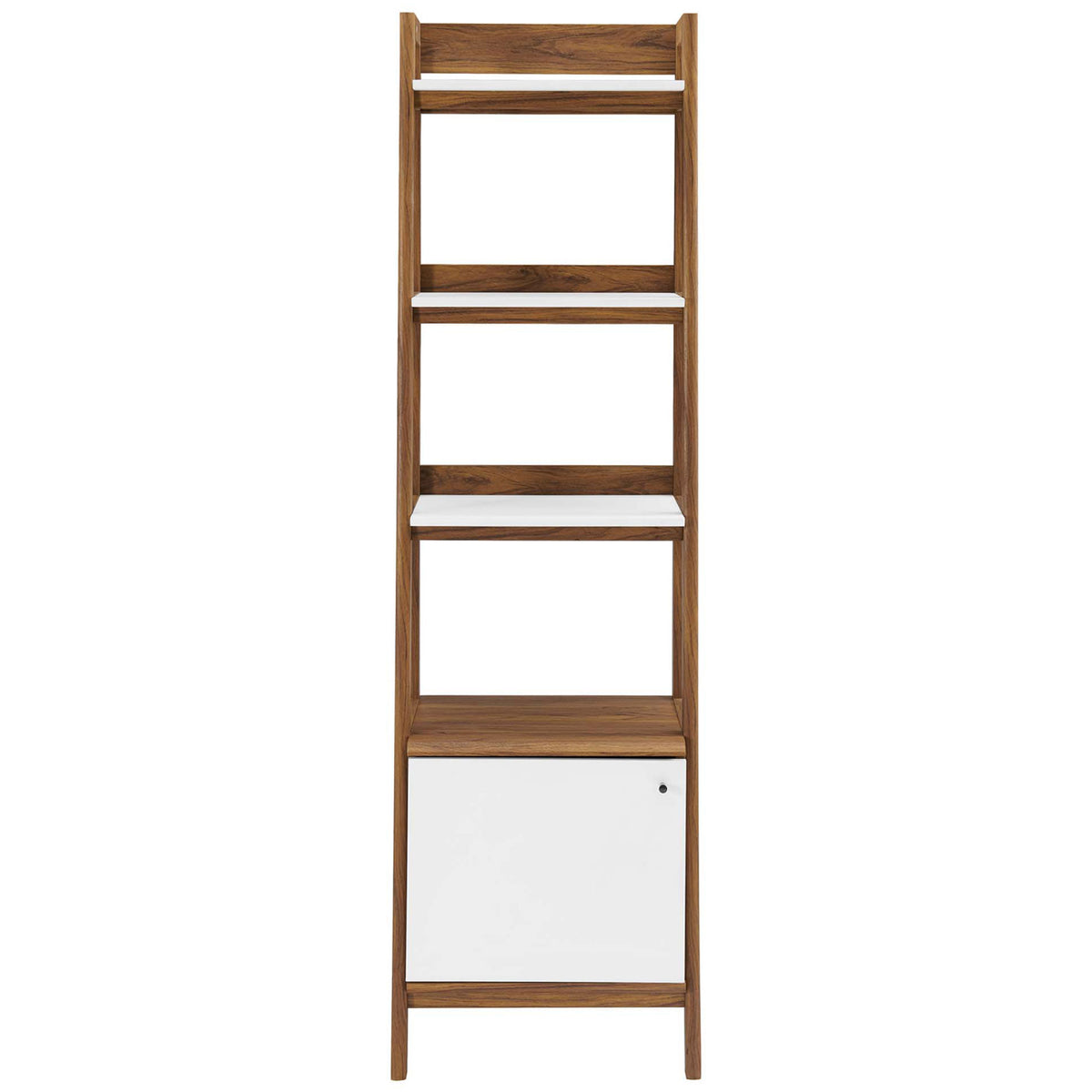 Slim tiered bookshelf with walnut wood grain, white shelves, and a concealed lower cabinet || EEI-4655-WAL-WHI || front_studio