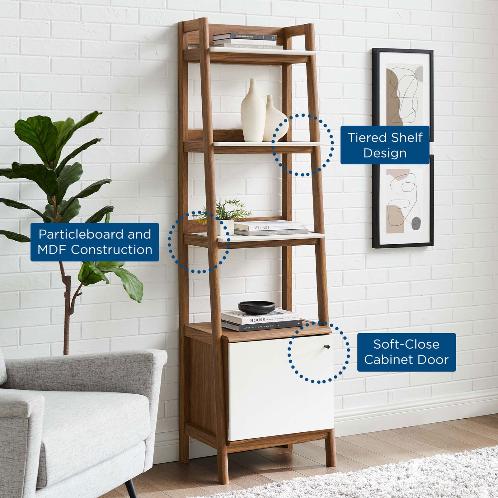 Tiered shelf design with durable particleboard and MDF construction for everyday display || EEI-4655-WAL-WHI || callout_room
